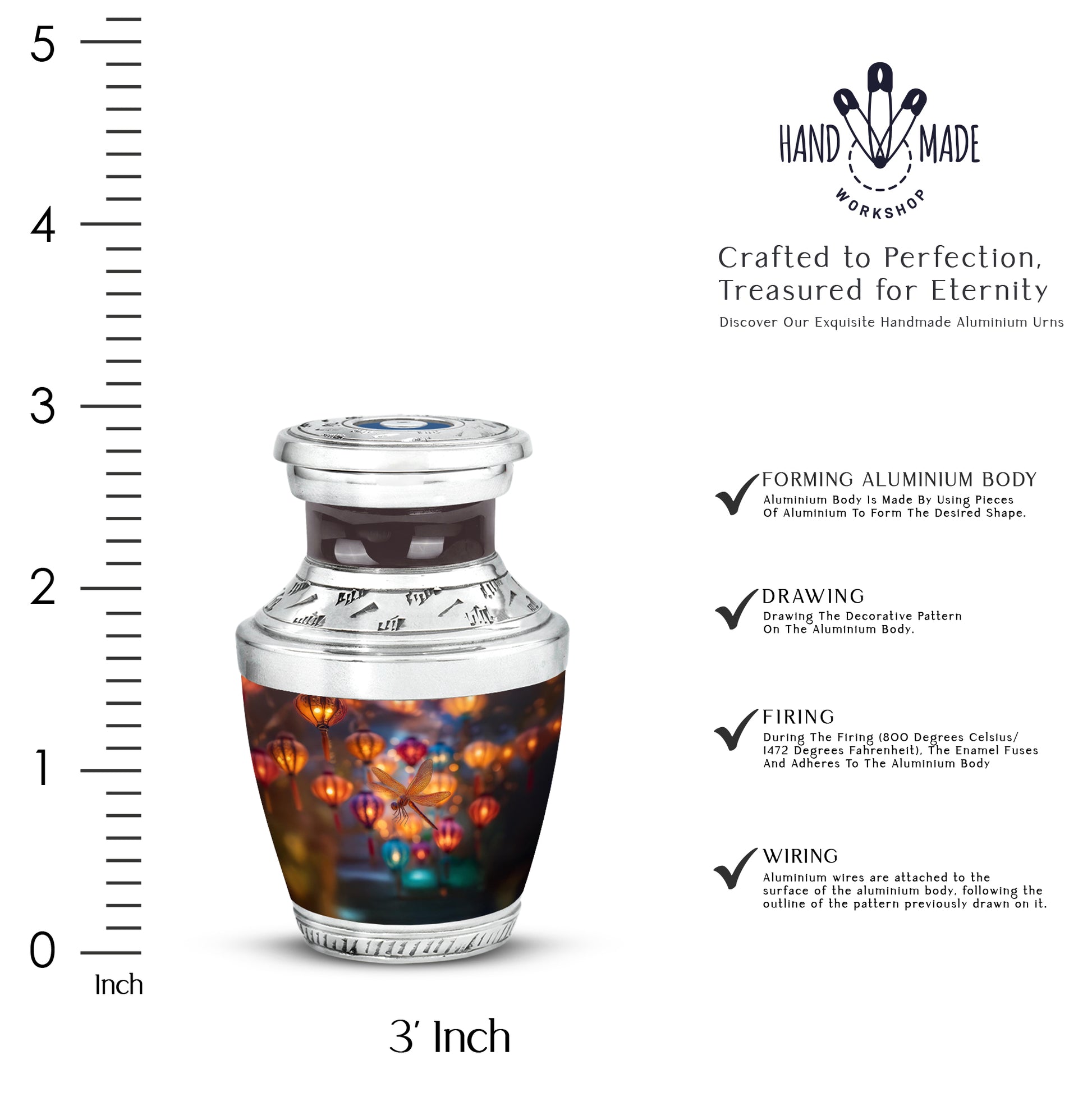 Celestial Blue Dragonfly Cremation Urn top-down view of secure threaded lid - contemporary dragonfly design with modern artistic flair - mini keepsake memorial for portion of cremation ashes