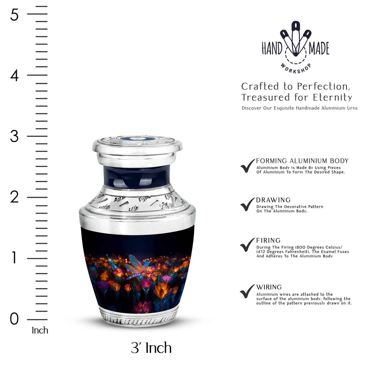Onyx Black Dragonfly Cremation Urn top-down view of secure threaded lid - stylized abstract dragonfly pattern with bold lines - mini keepsake memorial for portion of cremation ashes