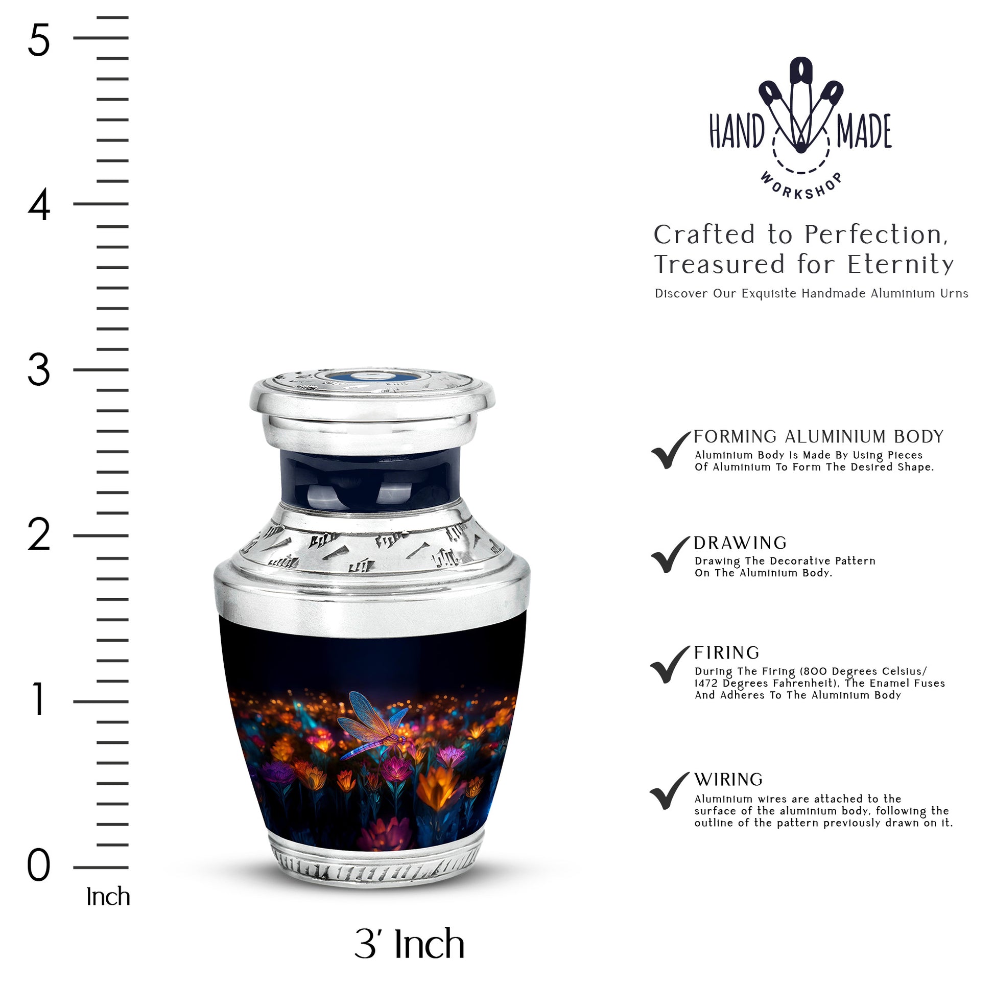 Onyx Black Dragonfly Cremation Urn top-down view of secure threaded lid - stylized abstract dragonfly pattern with bold lines - mini keepsake memorial for portion of cremation ashes