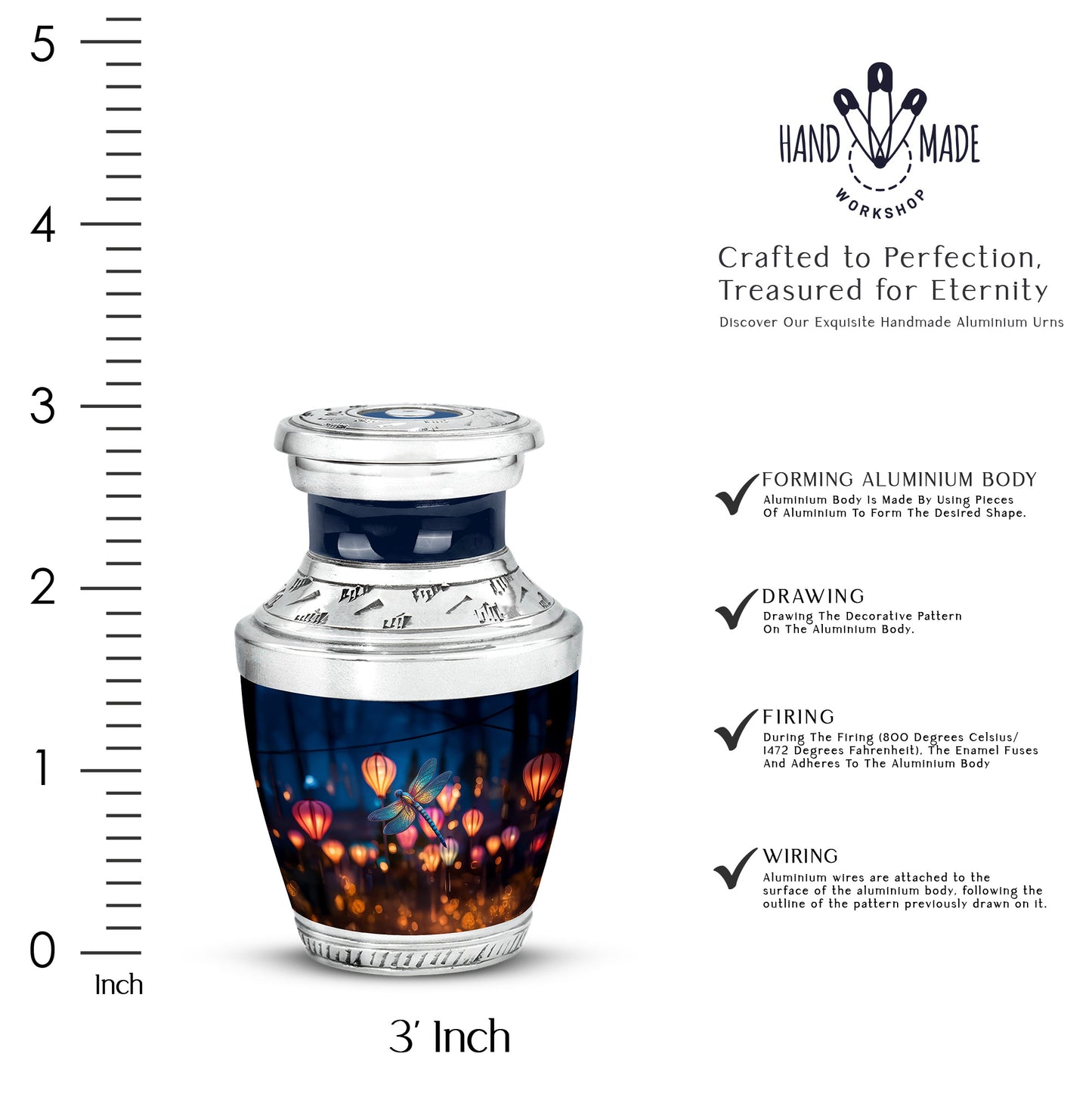 Dusty Blue Dragonfly Cremation Urn top-down view of secure threaded lid - modern art-inspired dragonfly motif on sleek aluminum - mini keepsake memorial for portion of cremation ashes