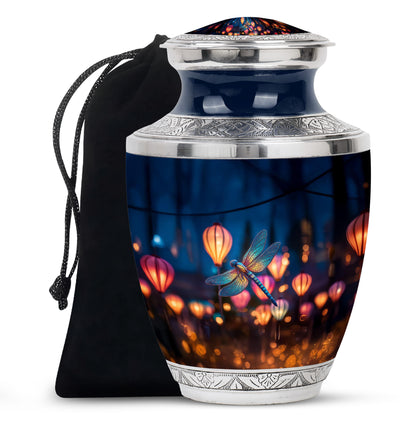 Pastel Blue Dragonfly Cremation Urn side profile showing urn shape - modern art-inspired dragonfly motif on sleek aluminum - full-size 10 inch 200 cubic inch adult cremation urn