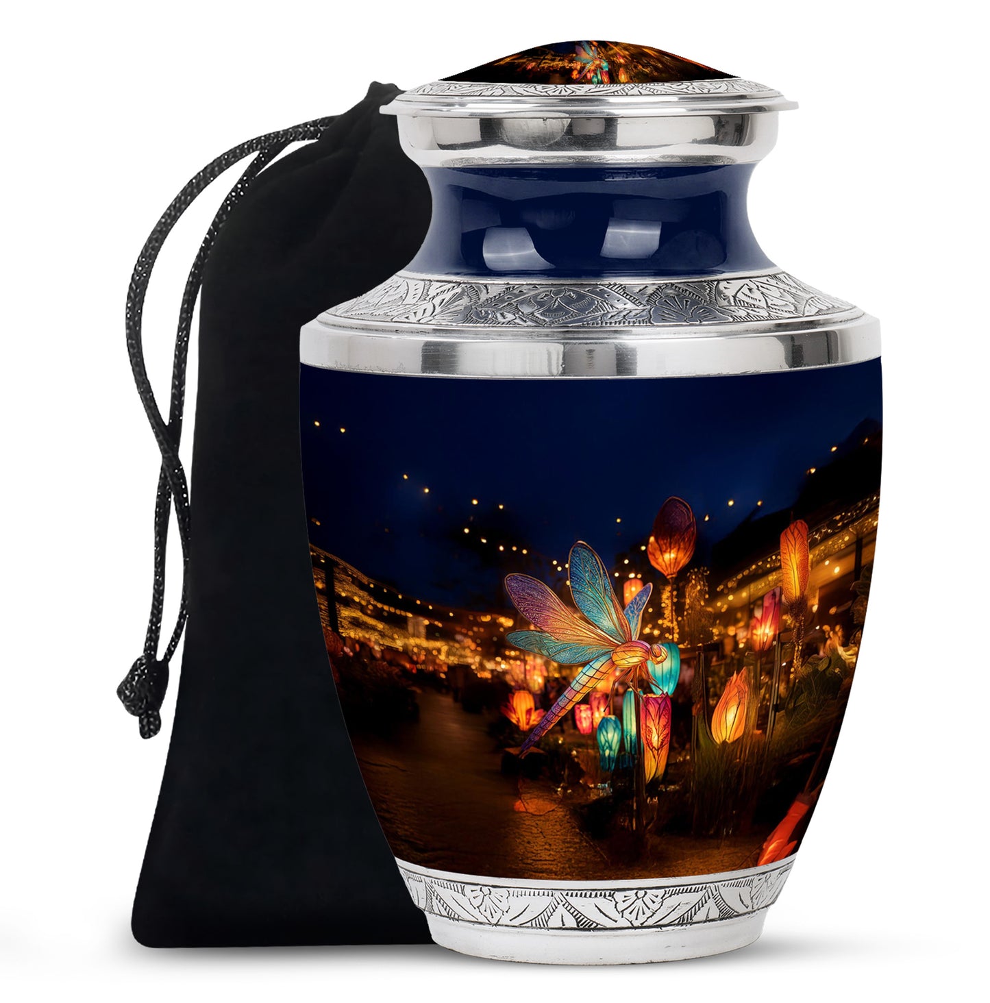 Steel Blue Dragonfly Cremation Urn side profile showing urn shape - stylized abstract dragonfly pattern with bold lines - full-size 10 inch 200 cubic inch adult cremation urn
