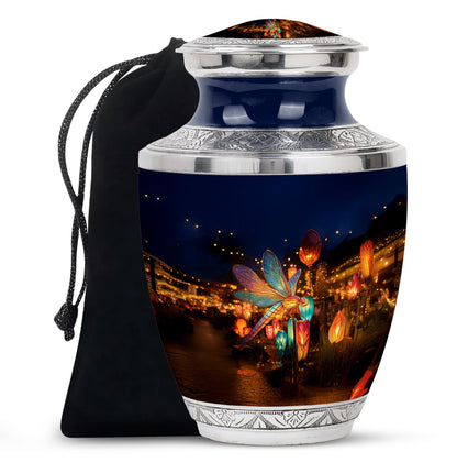 Steel Blue Dragonfly Cremation Urn side profile showing urn shape - stylized abstract dragonfly pattern with bold lines - full-size 10 inch 200 cubic inch adult cremation urn