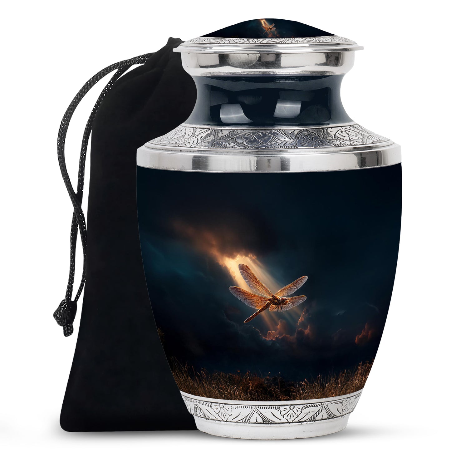 Sky Blue Dragonfly Cremation Urn side profile showing urn shape - modern art-inspired dragonfly motif on sleek aluminum - full-size 10 inch 200 cubic inch adult cremation urn