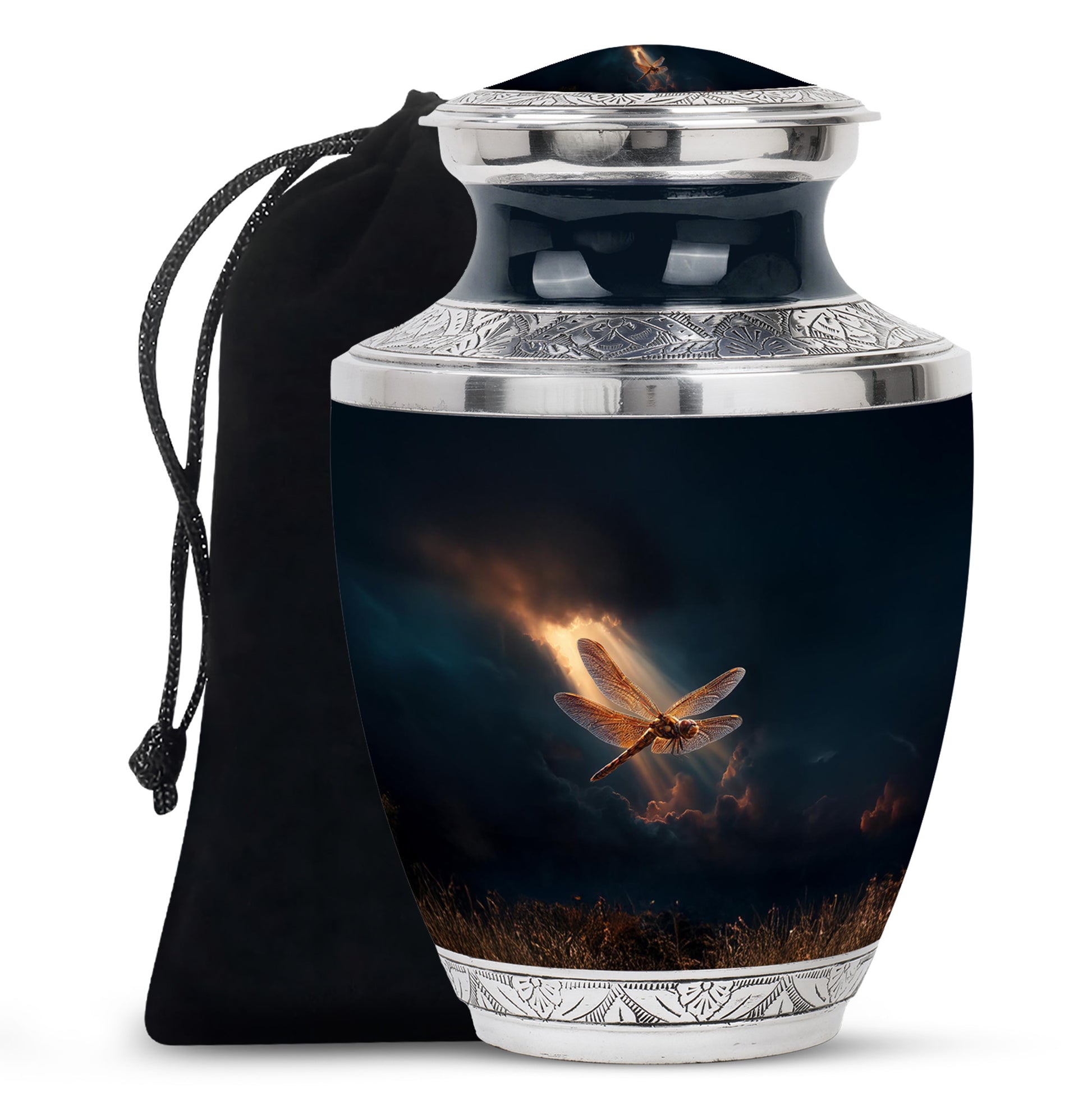 Sky Blue Dragonfly Cremation Urn side profile showing urn shape - modern art-inspired dragonfly motif on sleek aluminum - full-size 10 inch 200 cubic inch adult cremation urn