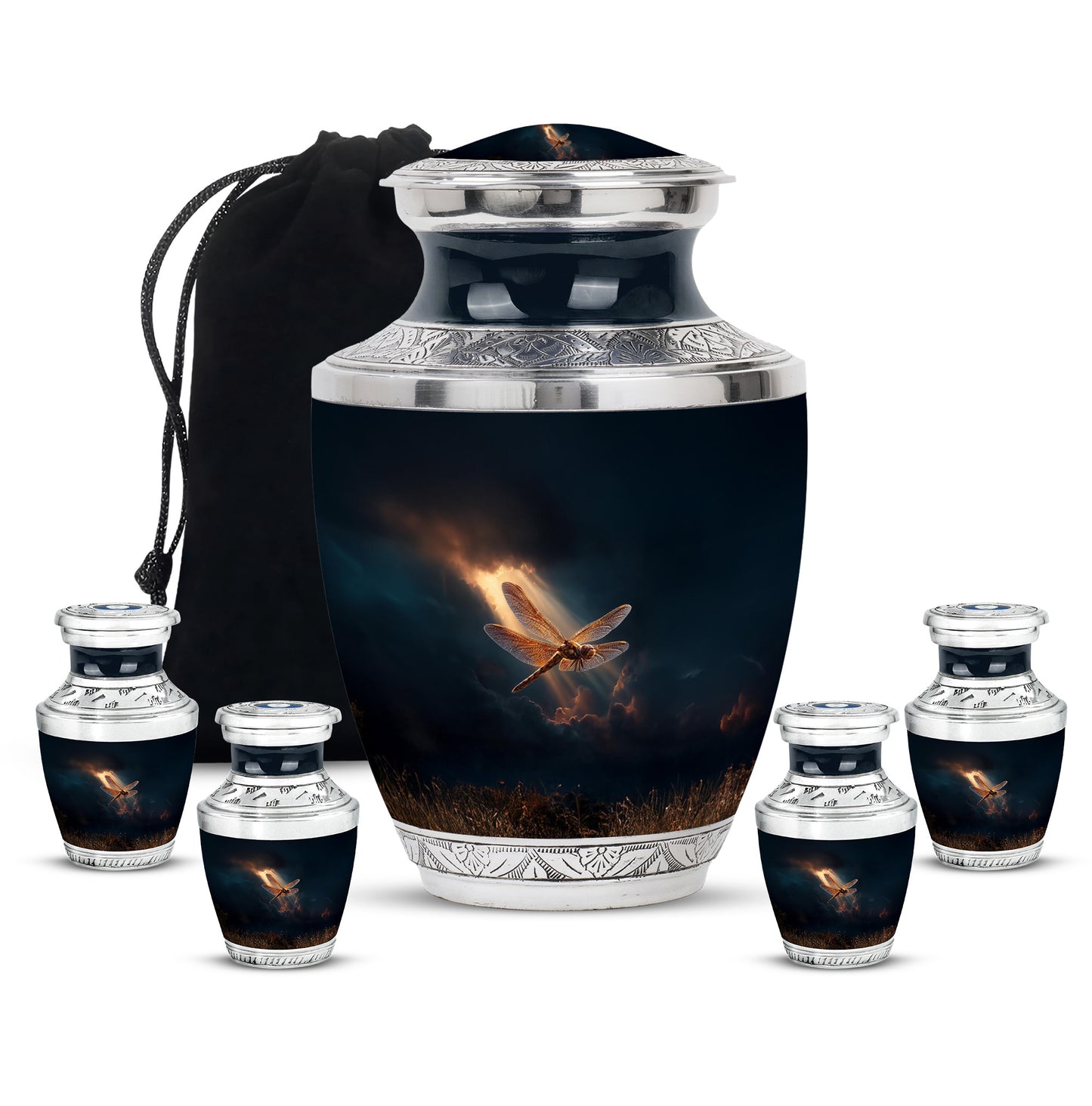 Dusty Blue Dragonfly Cremation Urn lifestyle display on memorial shelf - contemporary dragonfly design with modern artistic flair - memorial set with one large and four small urns