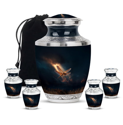 Dusty Blue Dragonfly Cremation Urn lifestyle display on memorial shelf - contemporary dragonfly design with modern artistic flair - memorial set with one large and four small urns