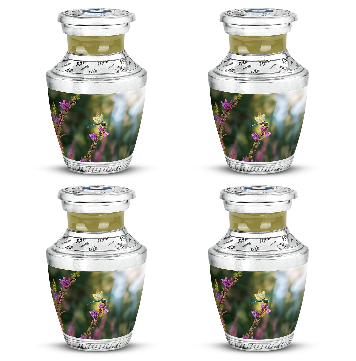 Moss Green Dragonfly Cremation Urn back view with polished surface - modern art-inspired dragonfly motif on sleek aluminum - 10 inch aluminum urn for cremated remains