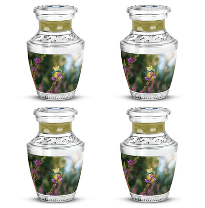 Moss Green Dragonfly Cremation Urn back view with polished surface - modern art-inspired dragonfly motif on sleek aluminum - 10 inch aluminum urn for cremated remains