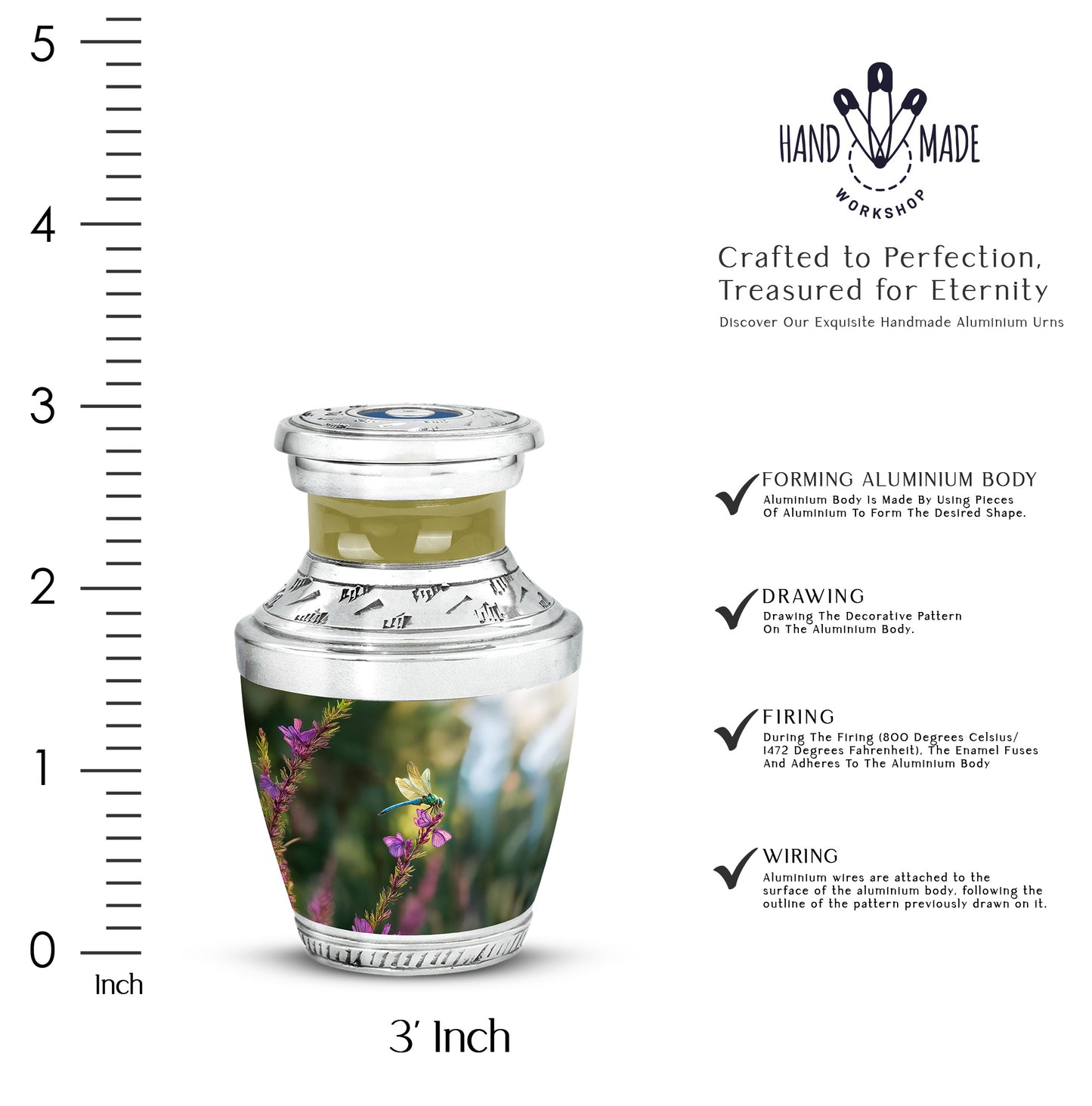 Forest Green Dragonfly Cremation Urn top-down view of secure threaded lid - artistic dragonfly interpretation with creative detail - mini keepsake memorial for portion of cremation ashes