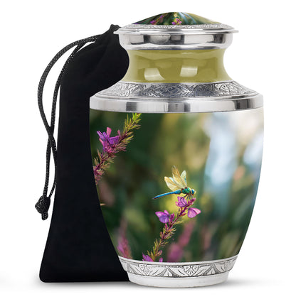 Emerald Green Dragonfly Cremation Urn side profile showing urn shape - contemporary dragonfly design with modern artistic flair - full-size 10 inch 200 cubic inch adult cremation urn