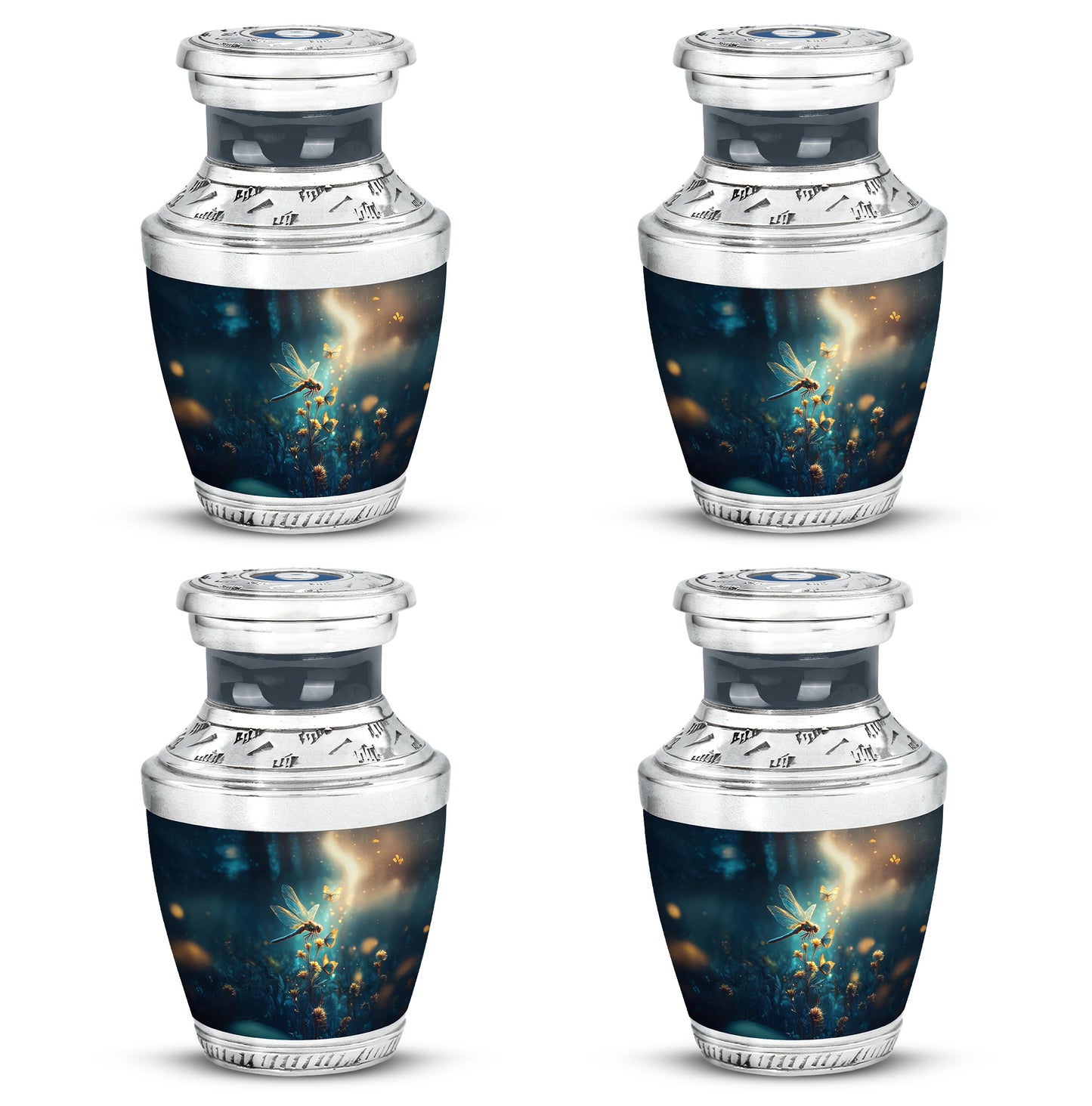 Sapphire Blue Dragonfly Cremation Urn back view with polished surface - stylized abstract dragonfly pattern with bold lines - 10 inch aluminum urn for cremated remains