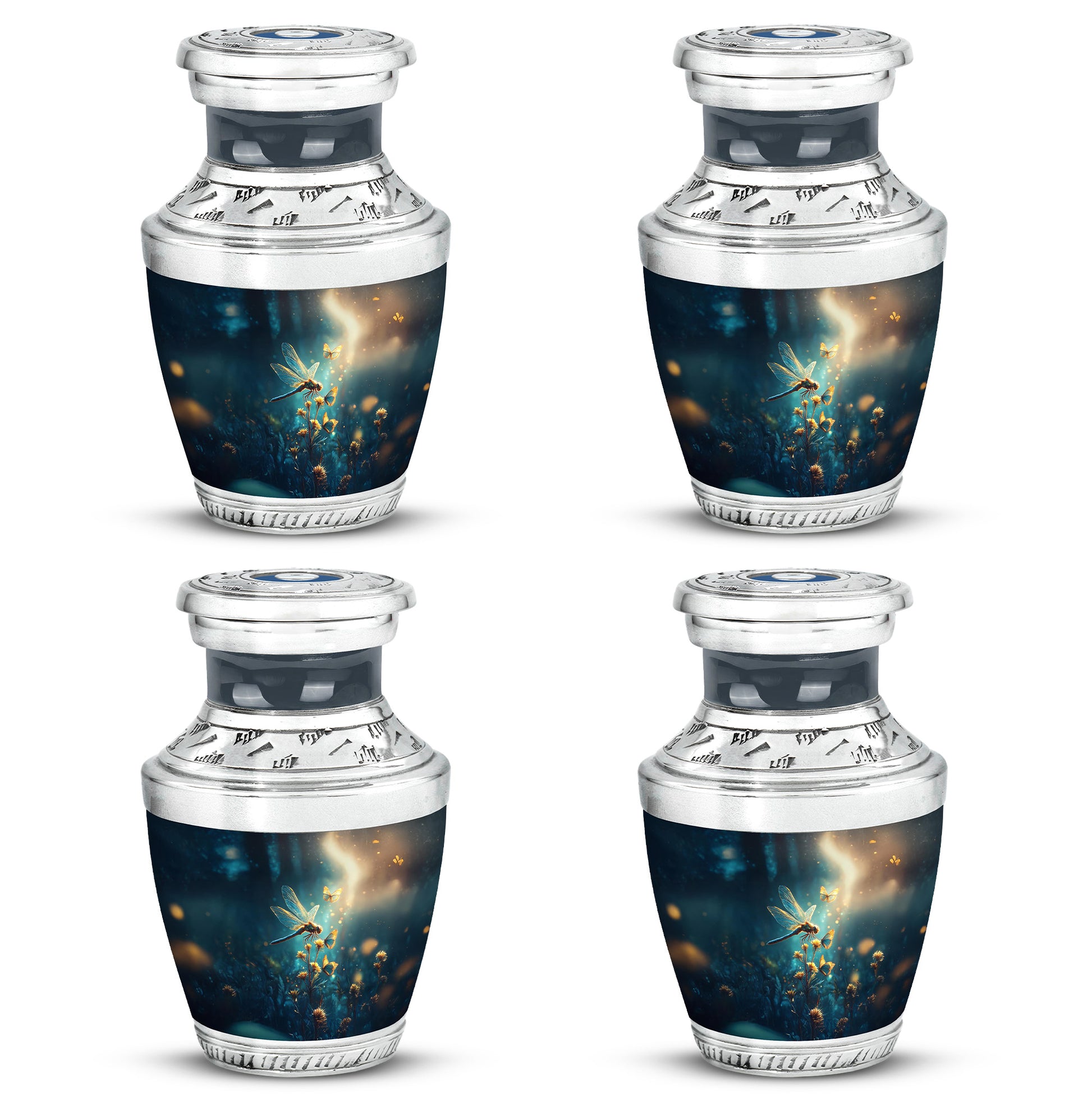 Sapphire Blue Dragonfly Cremation Urn back view with polished surface - stylized abstract dragonfly pattern with bold lines - 10 inch aluminum urn for cremated remains