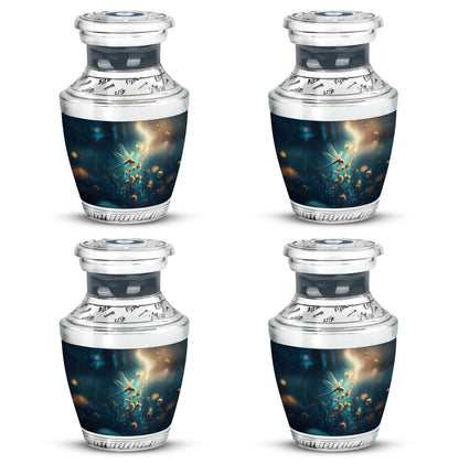 Sapphire Blue Dragonfly Cremation Urn back view with polished surface - stylized abstract dragonfly pattern with bold lines - 10 inch aluminum urn for cremated remains