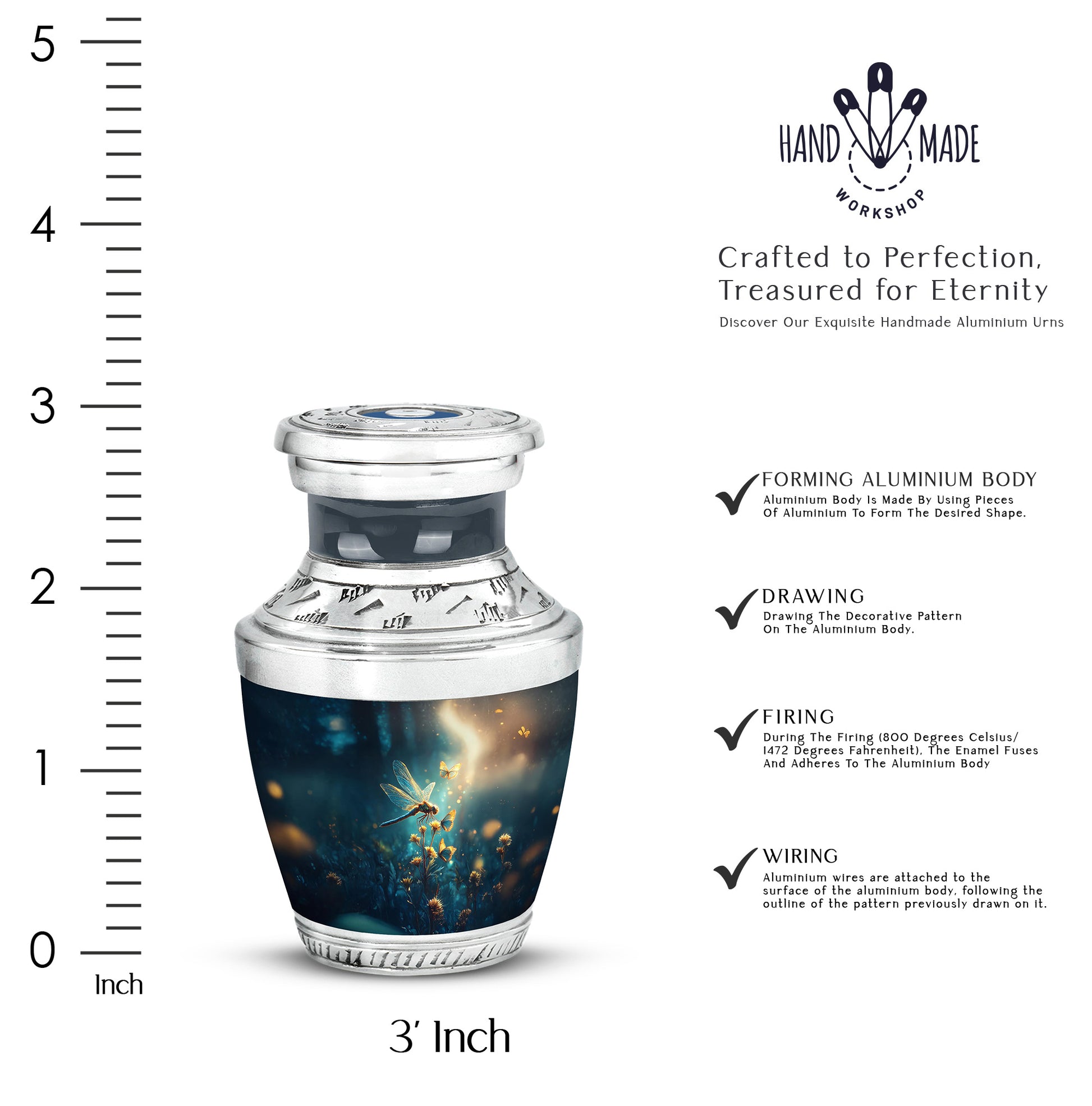 Slate Blue Dragonfly Cremation Urn top-down view of secure threaded lid - modern art-inspired dragonfly motif on sleek aluminum - mini keepsake memorial for portion of cremation ashes