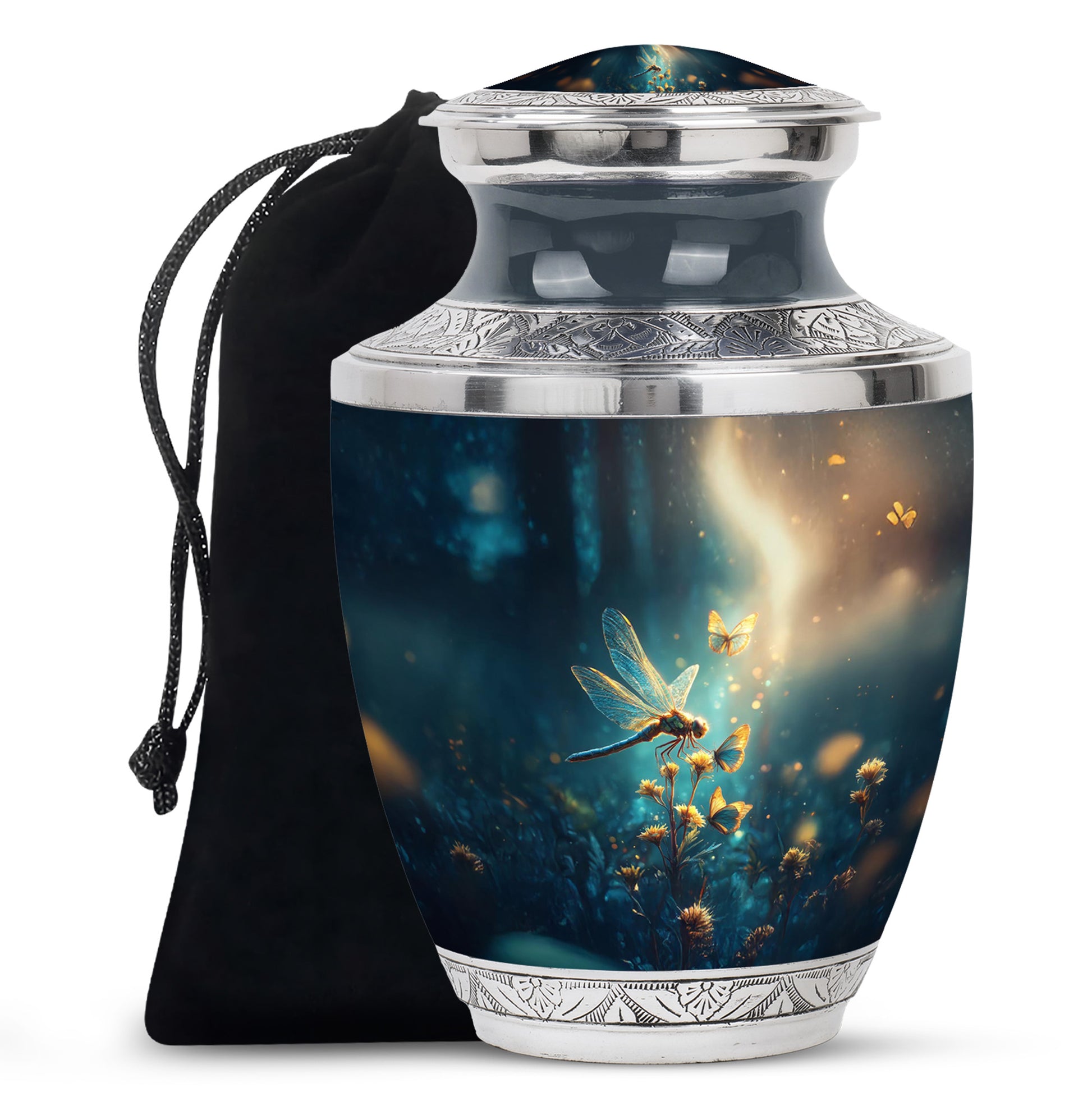 Misty Blue Dragonfly Cremation Urn side profile showing urn shape - contemporary dragonfly design with modern artistic flair - full-size 10 inch 200 cubic inch adult cremation urn