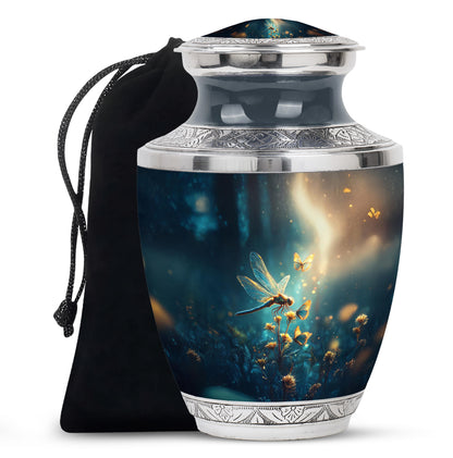 Misty Blue Dragonfly Cremation Urn side profile showing urn shape - contemporary dragonfly design with modern artistic flair - full-size 10 inch 200 cubic inch adult cremation urn