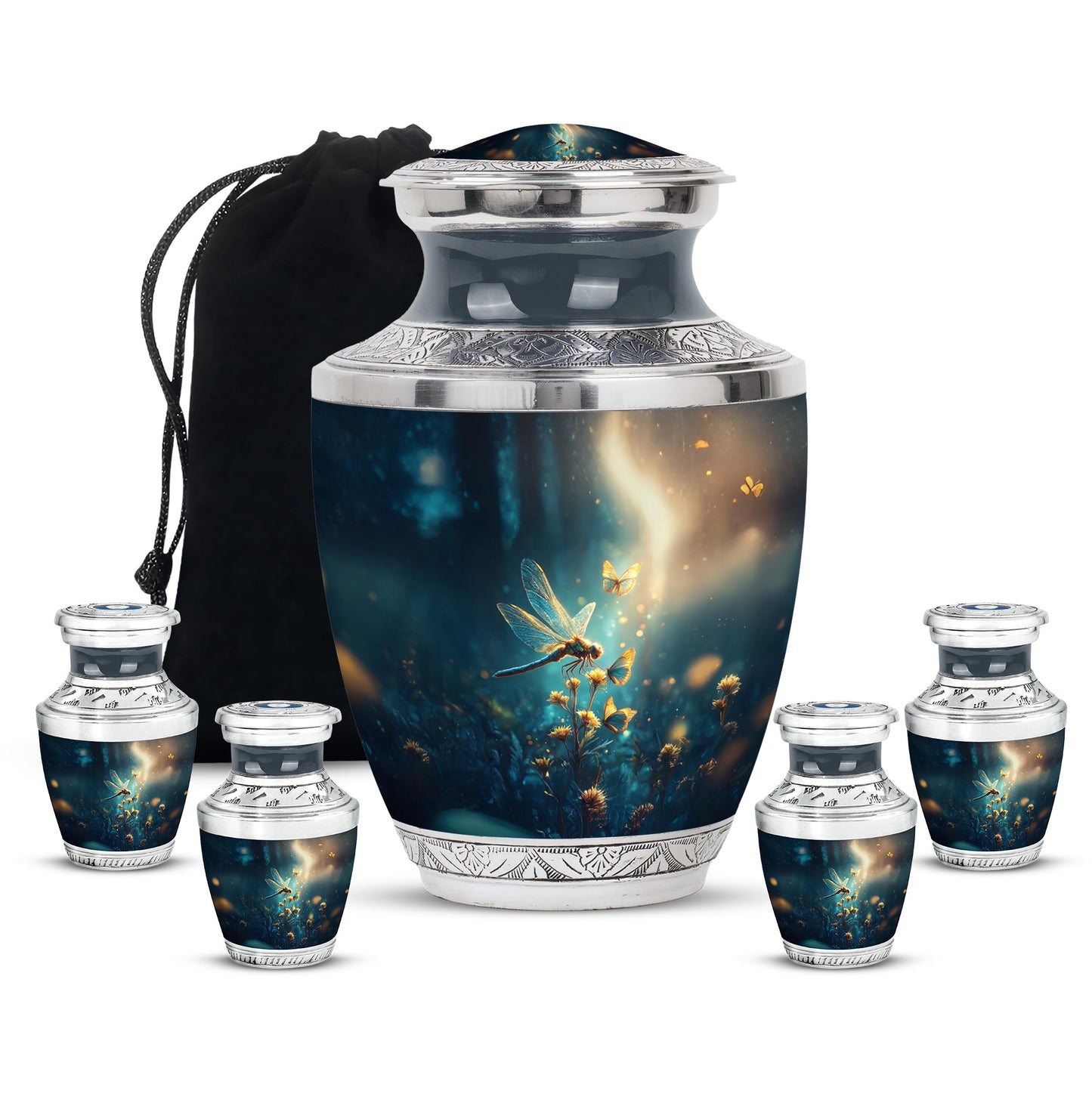 Pastel Blue Dragonfly Cremation Urn lifestyle display on memorial shelf - modern art-inspired dragonfly motif on sleek aluminum - memorial set with one large and four small urns