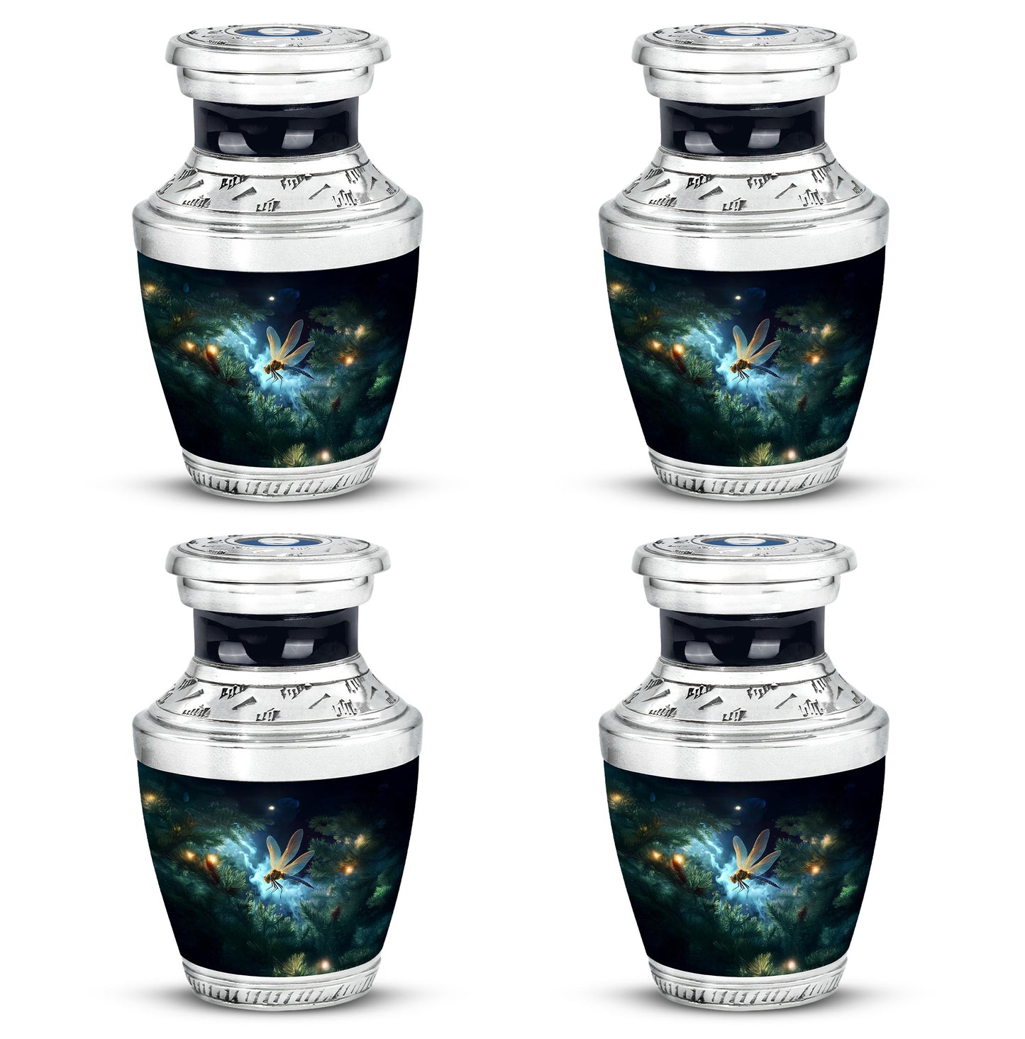 Steel Blue Dragonfly Cremation Urn back view with polished surface - artistic dragonfly interpretation with creative detail - 10 inch aluminum urn for cremated remains
