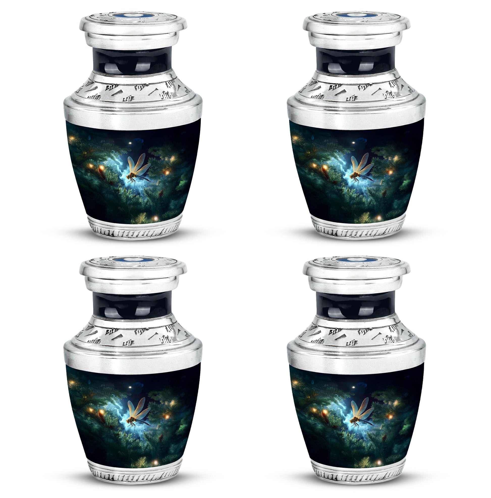 Steel Blue Dragonfly Cremation Urn back view with polished surface - artistic dragonfly interpretation with creative detail - 10 inch aluminum urn for cremated remains