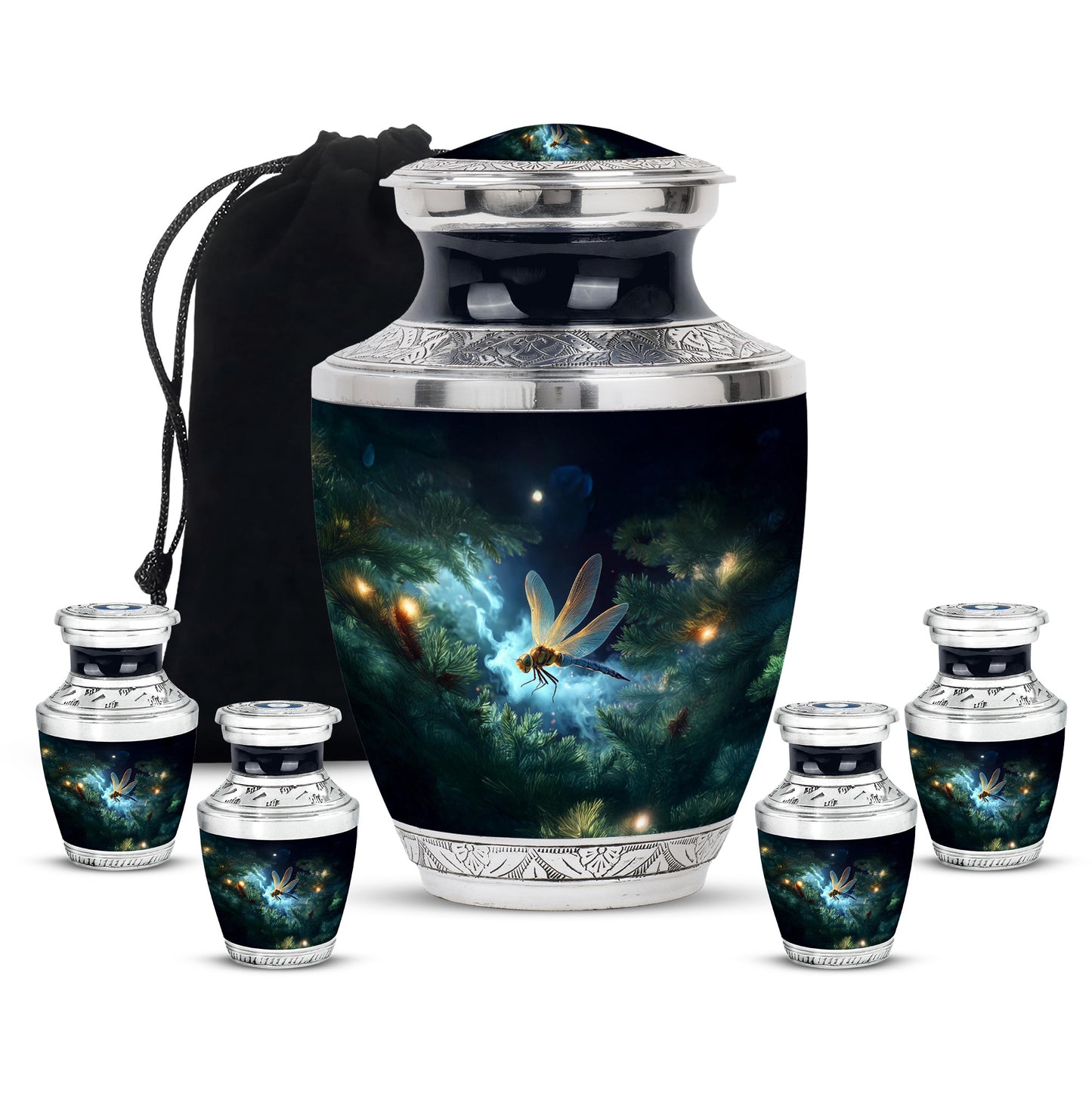 Indigo Dragonfly Cremation Urn lifestyle display on memorial shelf - modern art-inspired dragonfly motif on sleek aluminum - memorial set with one large and four small urns