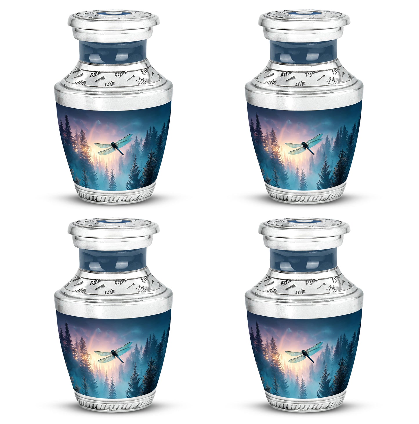 Pastel Blue Dragonfly Cremation Urn back view with polished surface - modern art-inspired dragonfly motif on sleek aluminum - 10 inch aluminum urn for cremated remains