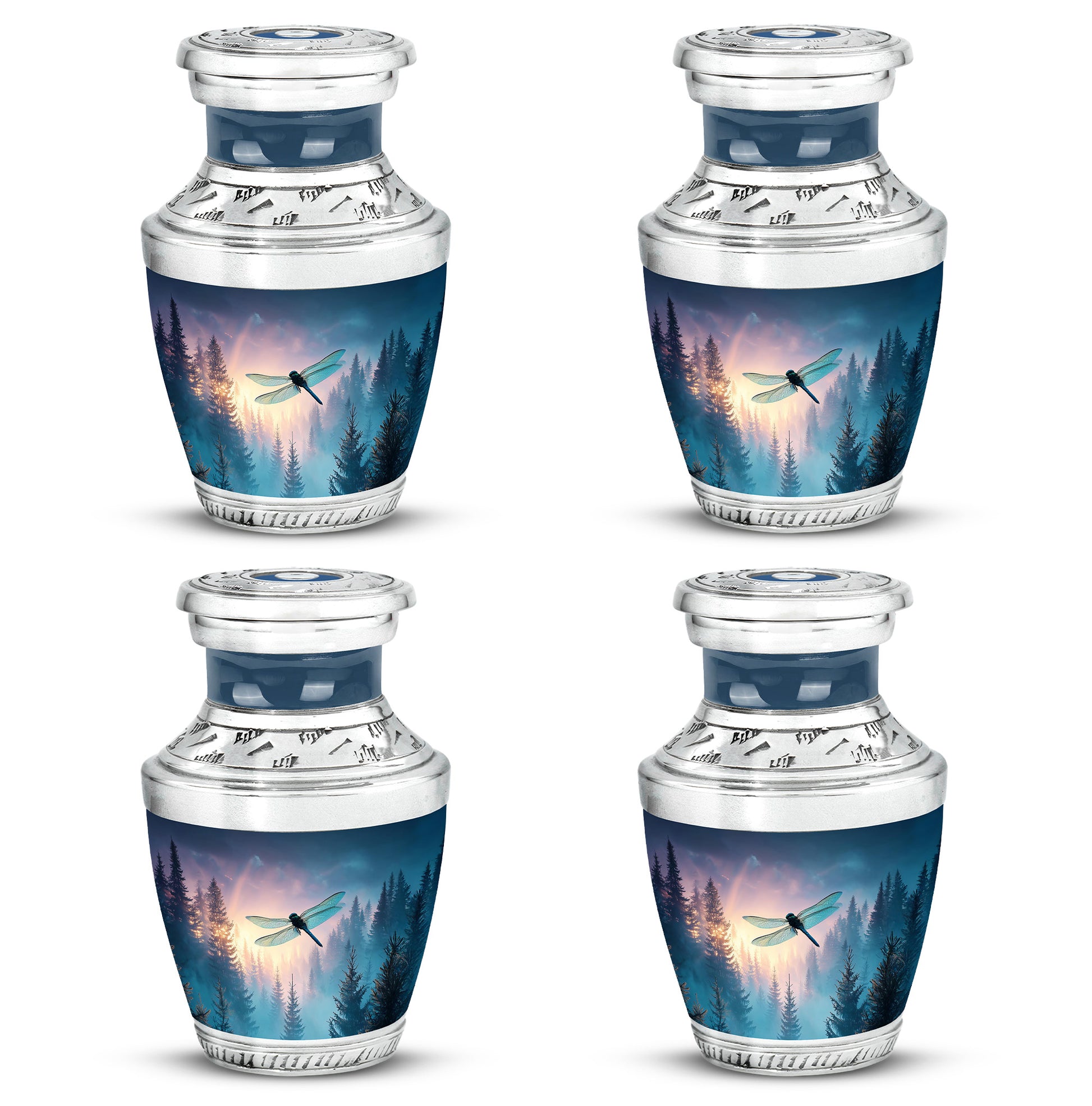 Pastel Blue Dragonfly Cremation Urn back view with polished surface - modern art-inspired dragonfly motif on sleek aluminum - 10 inch aluminum urn for cremated remains