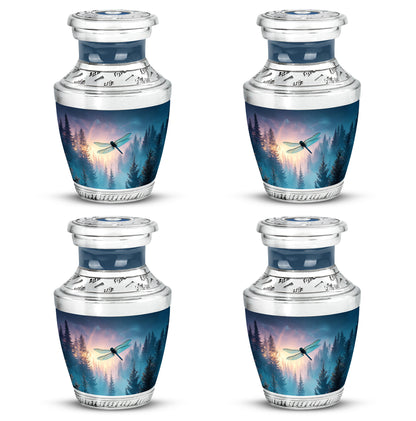 Pastel Blue Dragonfly Cremation Urn back view with polished surface - modern art-inspired dragonfly motif on sleek aluminum - 10 inch aluminum urn for cremated remains