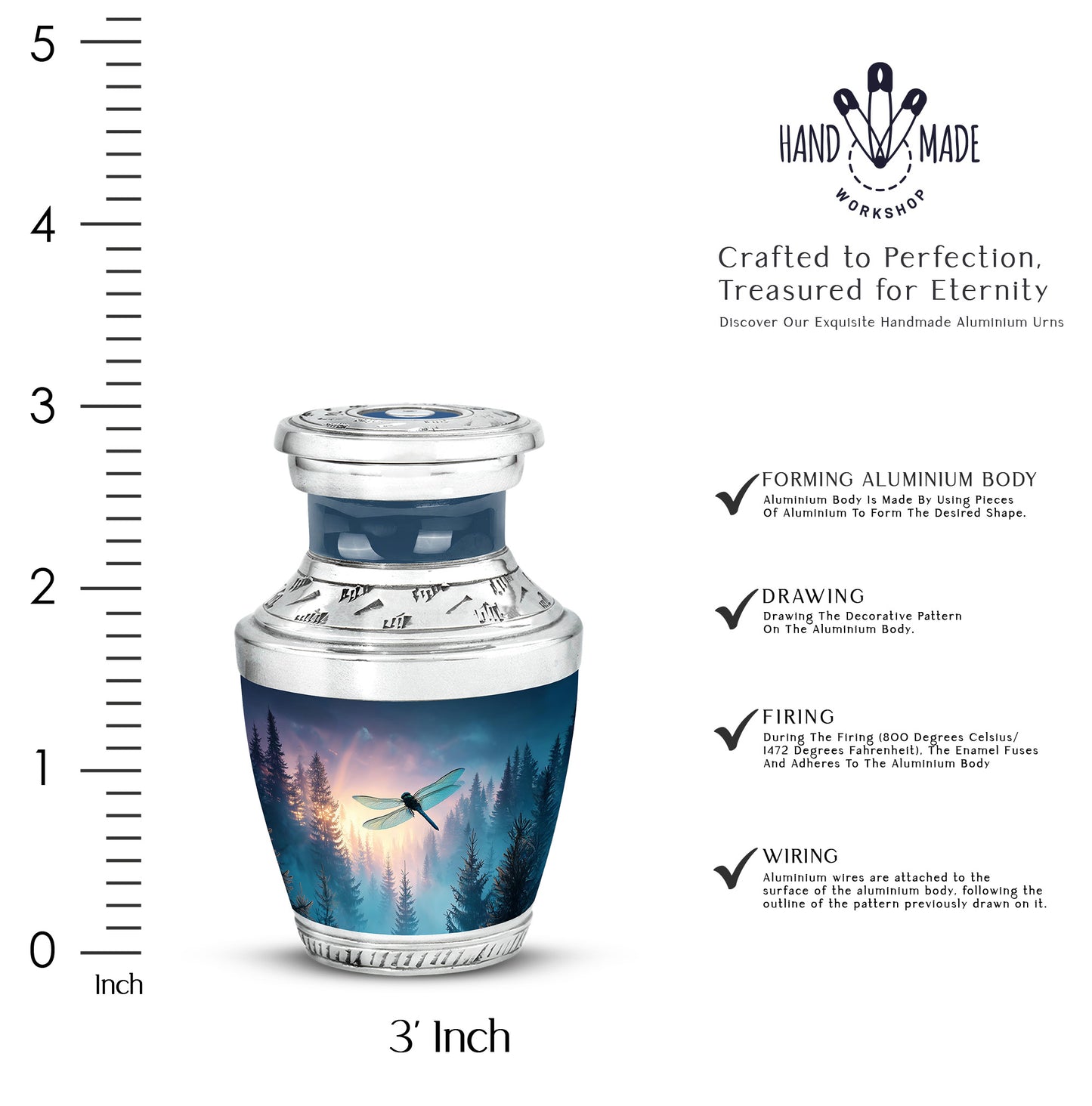 Royal Blue Dragonfly Cremation Urn top-down view of secure threaded lid - artistic dragonfly interpretation with creative detail - mini keepsake memorial for portion of cremation ashes