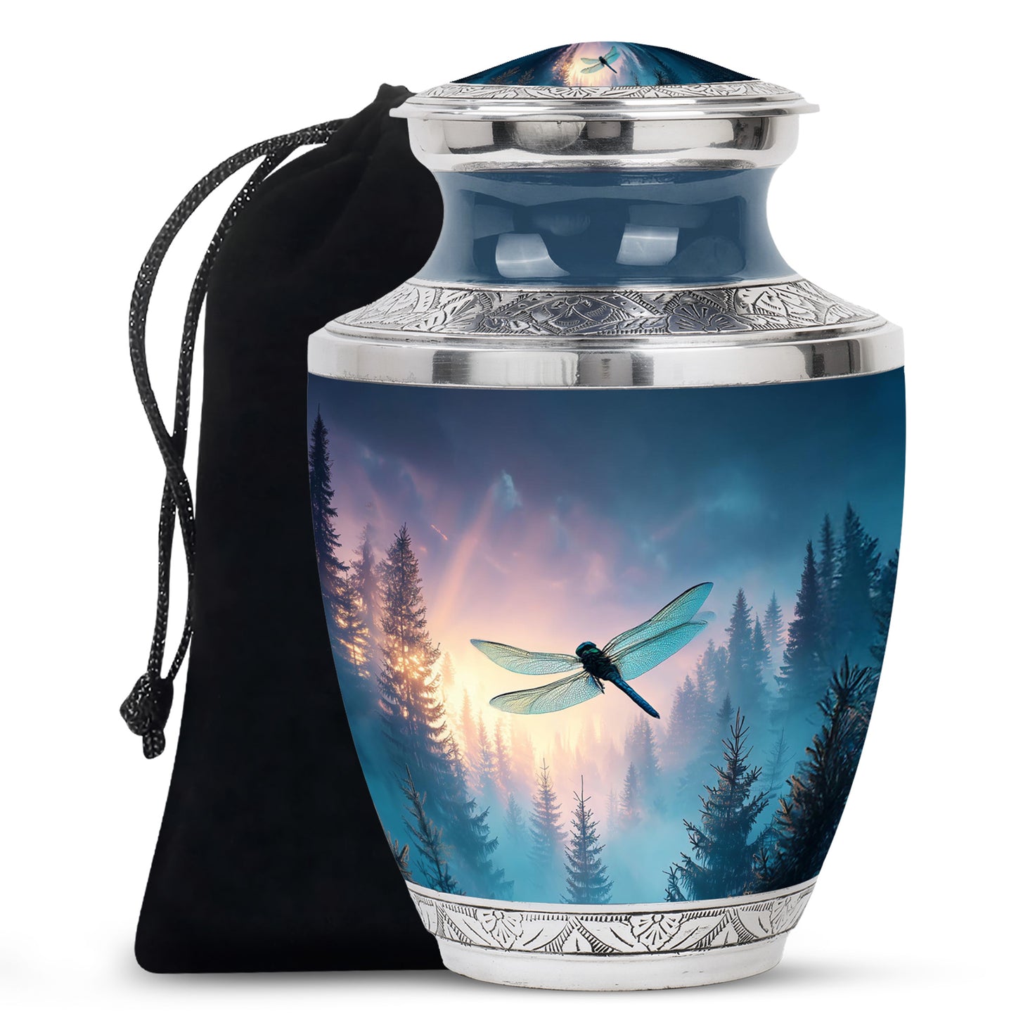 Twilight Blue Dragonfly Cremation Urn side profile showing urn shape - stylized abstract dragonfly pattern with bold lines - full-size 10 inch 200 cubic inch adult cremation urn
