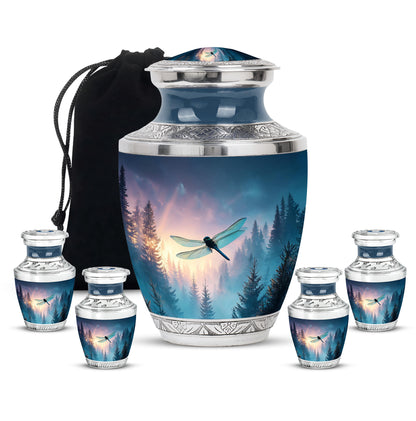 Steel Blue Dragonfly Cremation Urn lifestyle display on memorial shelf - artistic dragonfly interpretation with creative detail - memorial set with one large and four small urns