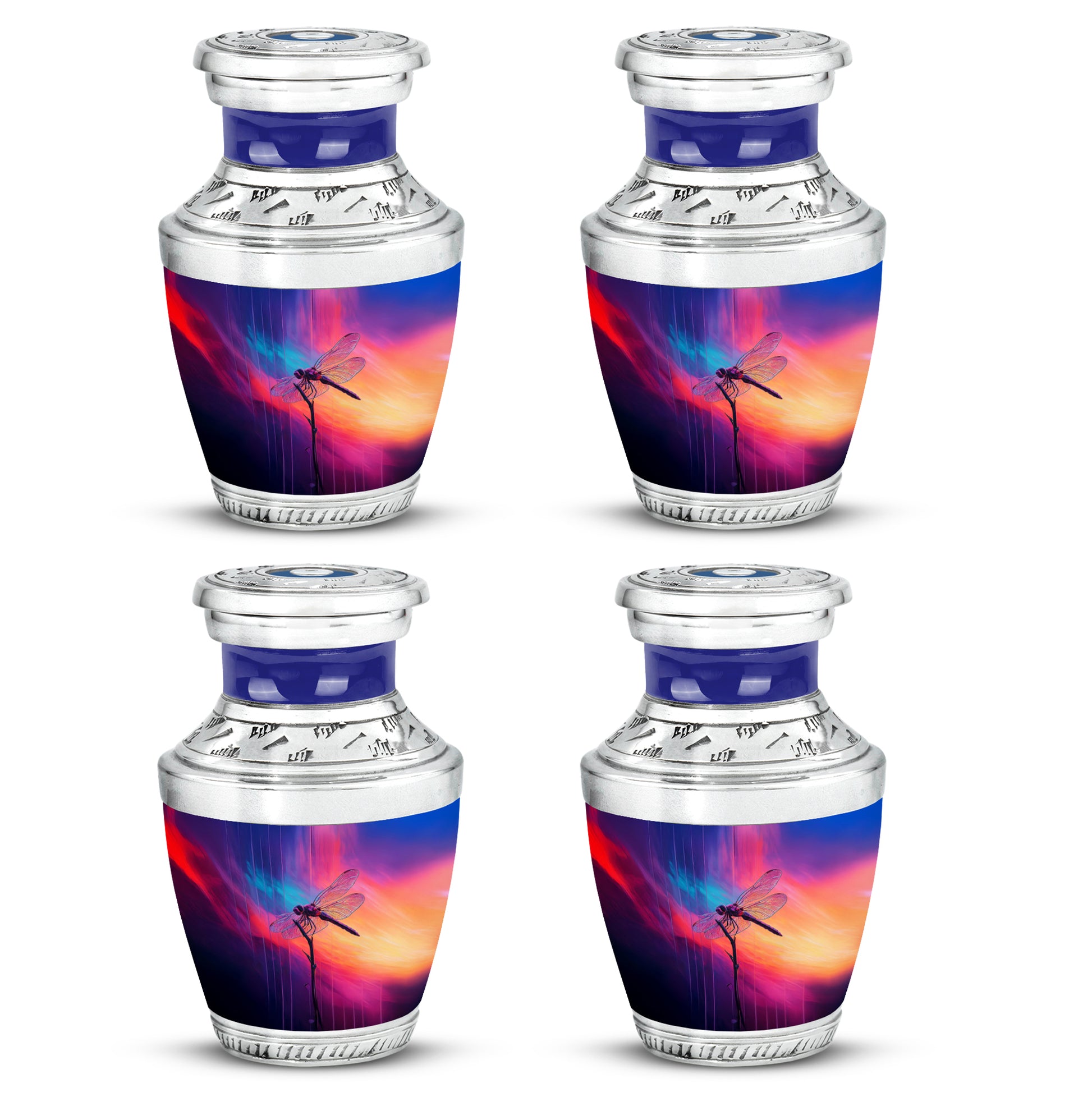 Sapphire Blue Dragonfly Cremation Urn back view with polished surface - artistic dragonfly interpretation with creative detail - 10 inch aluminum urn for cremated remains