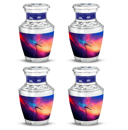 Sapphire Blue Dragonfly Cremation Urn back view with polished surface - artistic dragonfly interpretation with creative detail - 10 inch aluminum urn for cremated remains