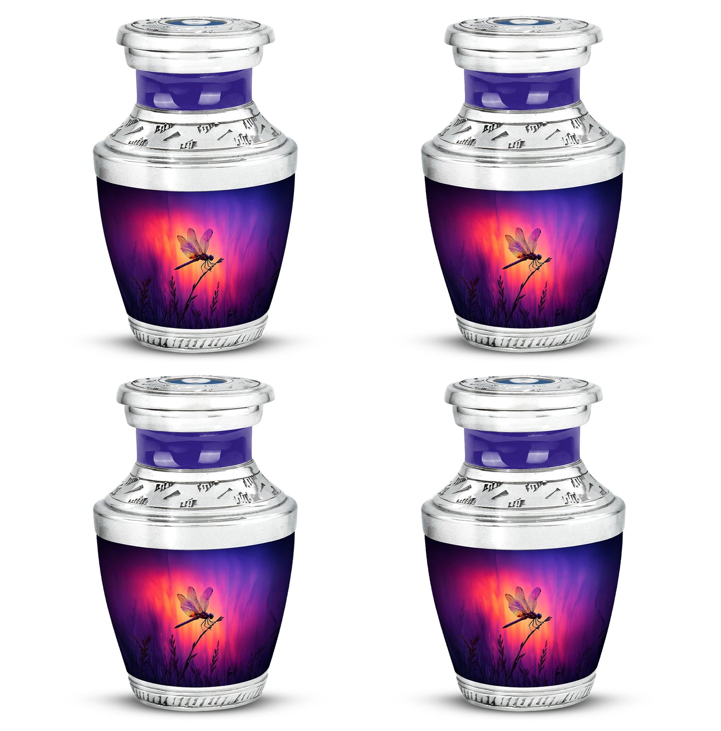 Violet Purple Dragonfly Cremation Urn back view with polished surface - artistic dragonfly interpretation with creative detail - 10 inch aluminum urn for cremated remains