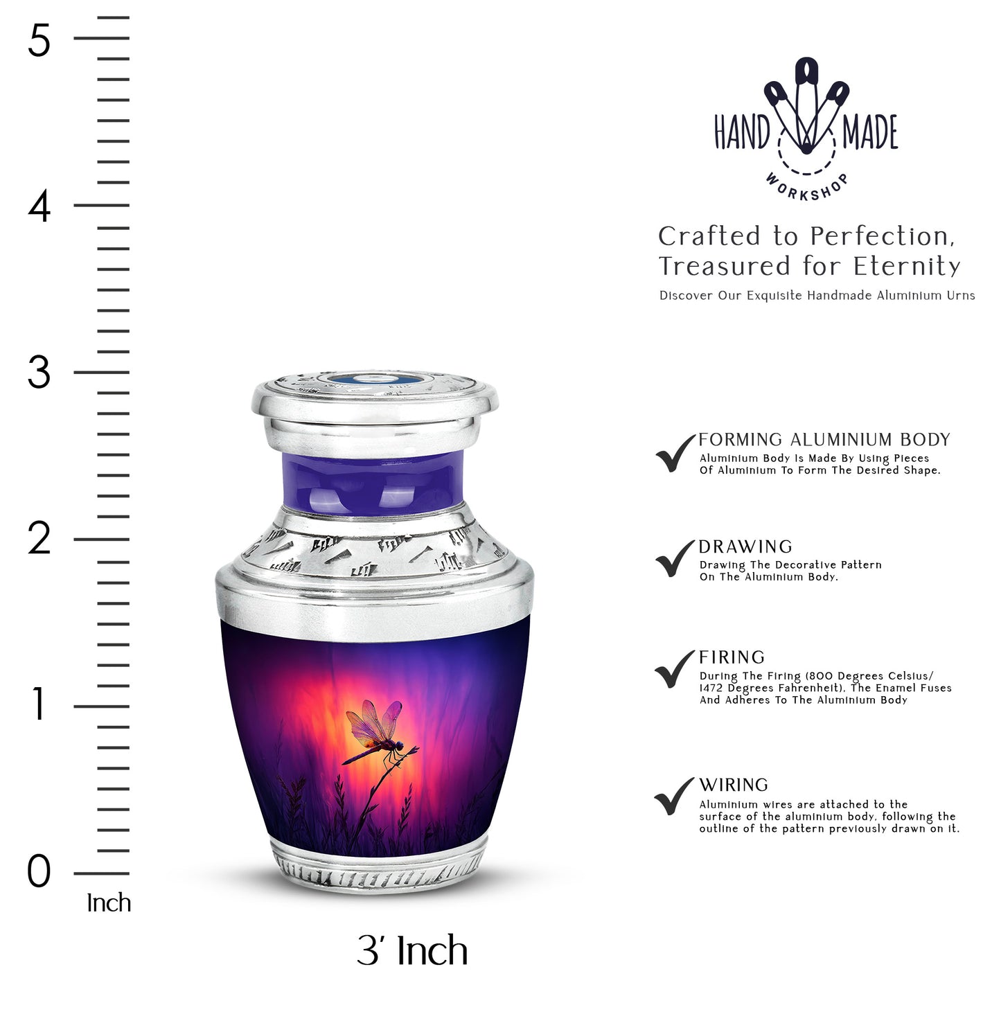 Majestic Purple Dragonfly Cremation Urn top-down view of secure threaded lid - modern art-inspired dragonfly motif on sleek aluminum - mini keepsake memorial for portion of cremation ashes