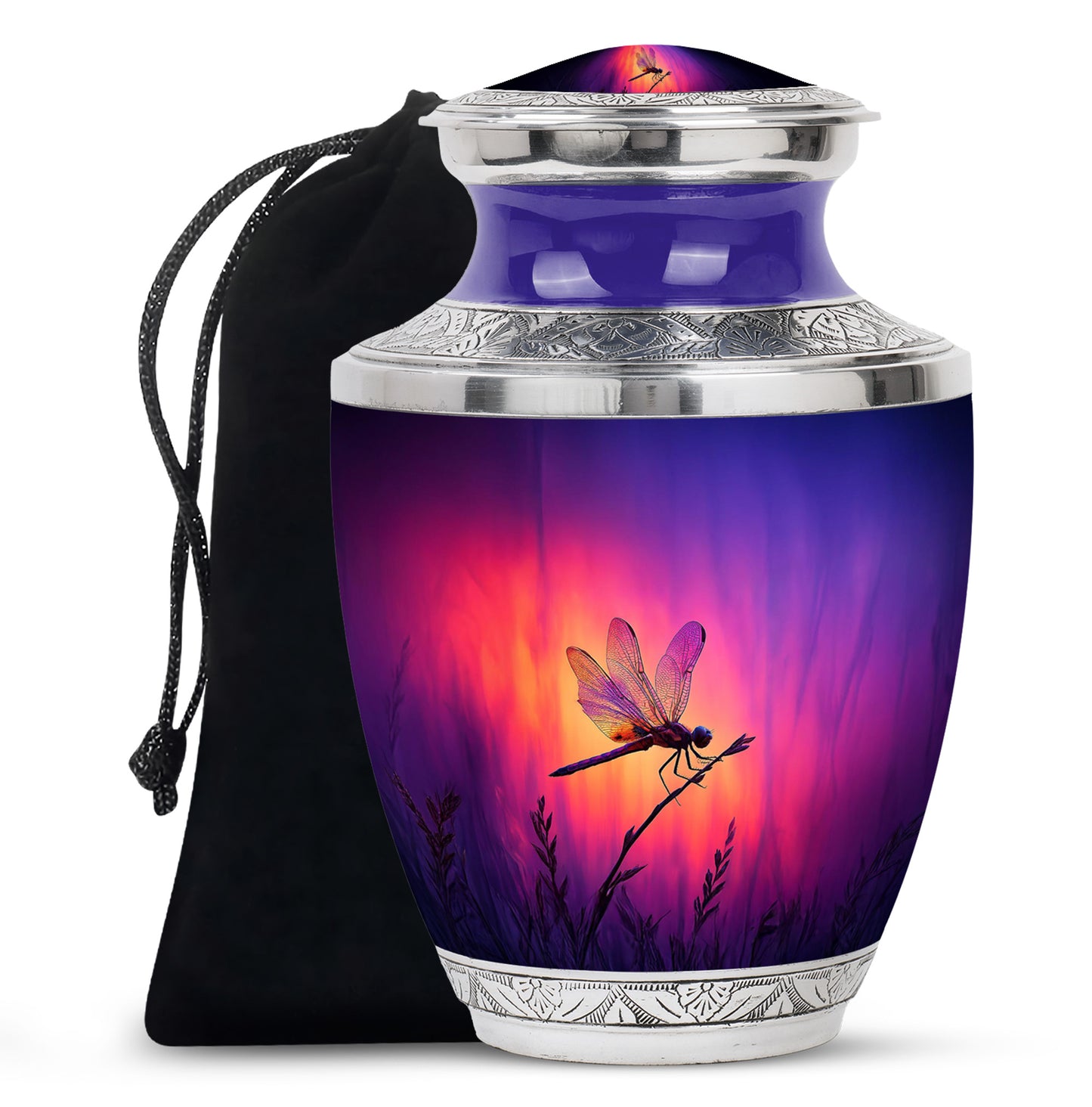 Plum Purple Dragonfly Cremation Urn side profile showing urn shape - contemporary dragonfly design with modern artistic flair - full-size 10 inch 200 cubic inch adult cremation urn