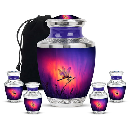 Lavender Purple Dragonfly Cremation Urn lifestyle display on memorial shelf - artistic dragonfly interpretation with creative detail - memorial set with one large and four small urns