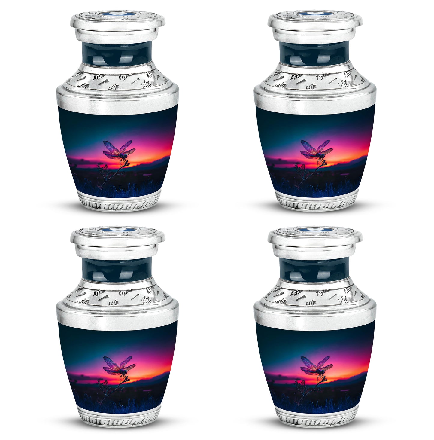 Cornflower Blue Dragonfly Cremation Urn back view with polished surface - artistic dragonfly interpretation with creative detail - 10 inch aluminum urn for cremated remains