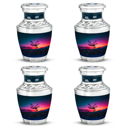 Cornflower Blue Dragonfly Cremation Urn back view with polished surface - artistic dragonfly interpretation with creative detail - 10 inch aluminum urn for cremated remains