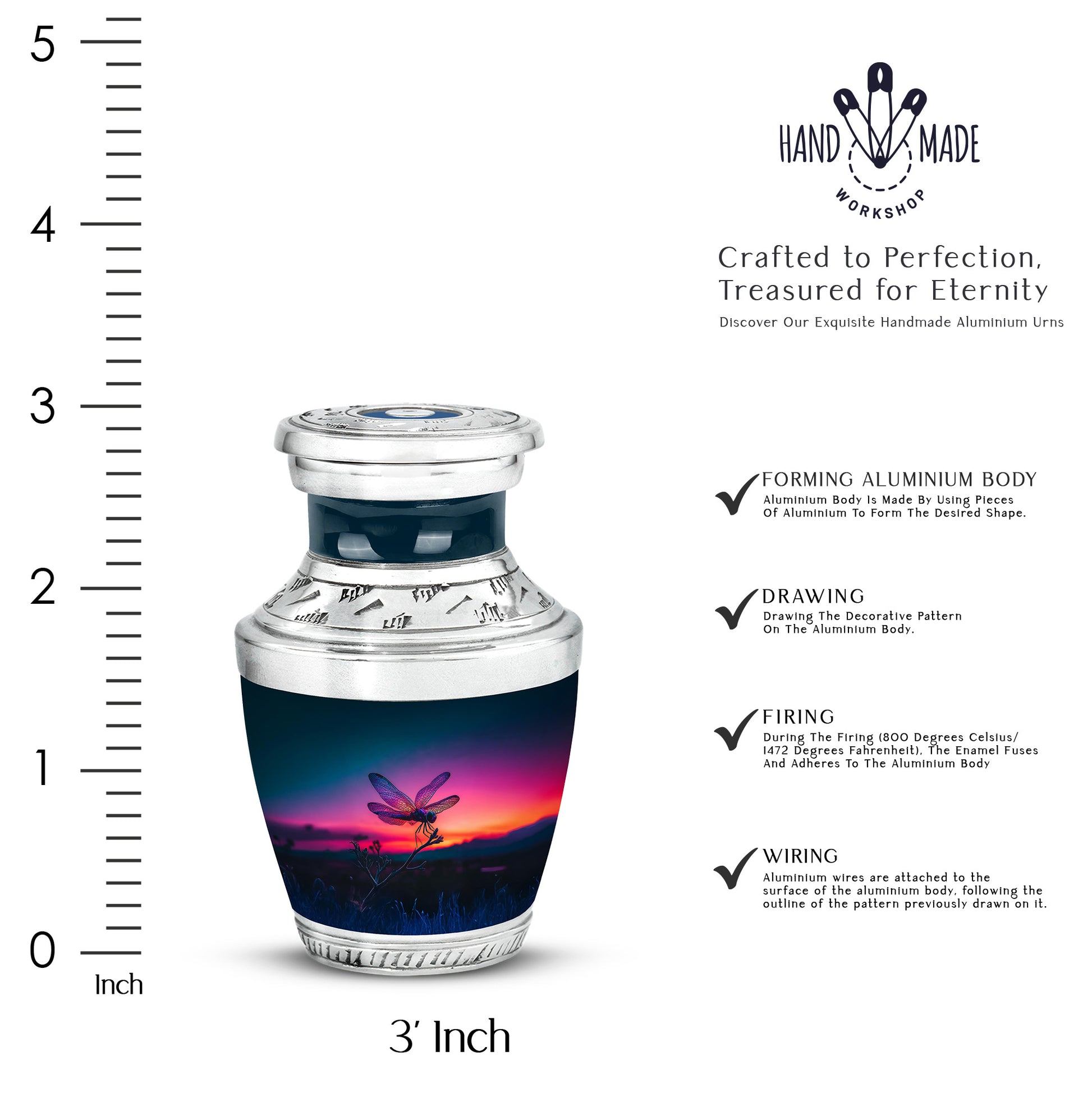 Vivid Blue Dragonfly Cremation Urn top-down view of secure threaded lid - stylized abstract dragonfly pattern with bold lines - mini keepsake memorial for portion of cremation ashes