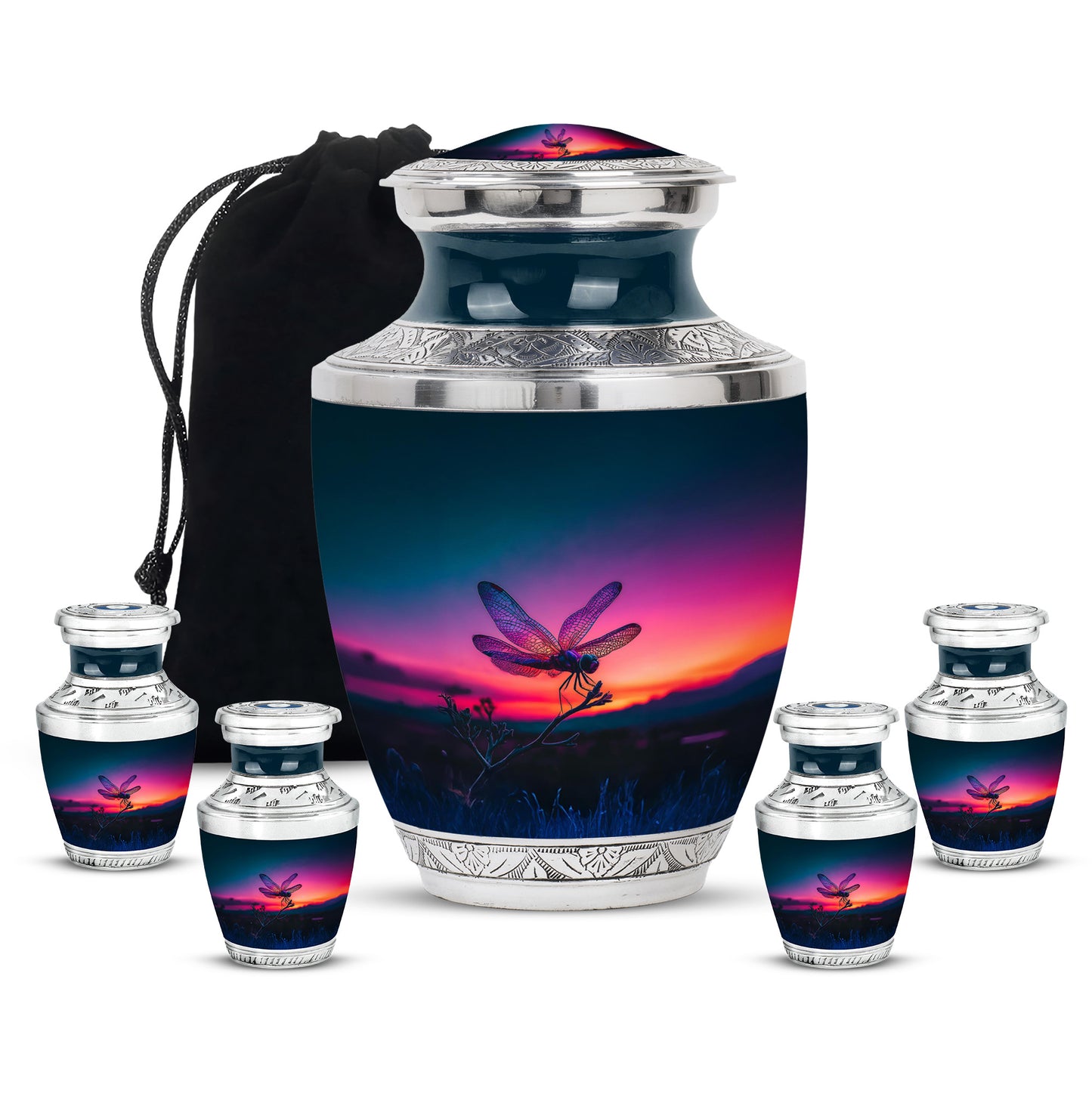 Navy Blue Dragonfly Cremation Urn lifestyle display on memorial shelf - modern art-inspired dragonfly motif on sleek aluminum - memorial set with one large and four small urns