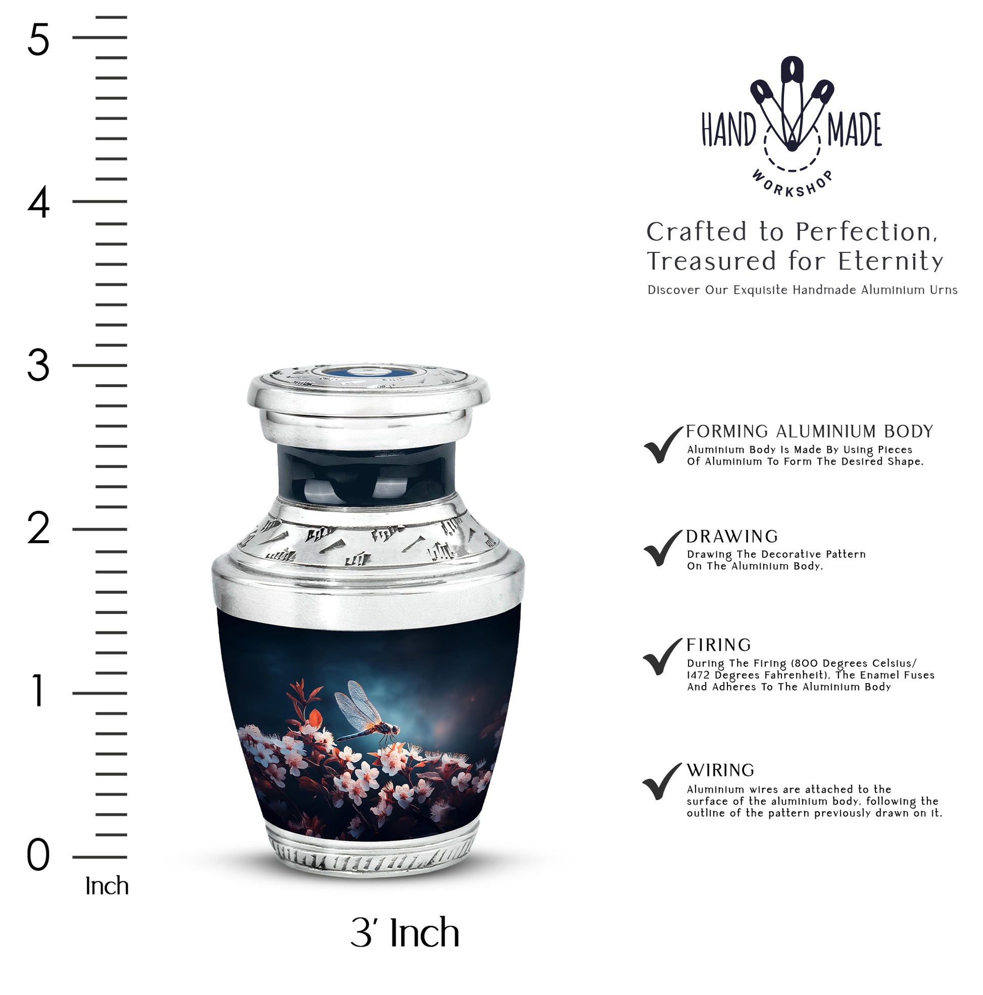 Cobalt Blue Dragonfly Cremation Urn top-down view of secure threaded lid - artistic dragonfly interpretation with creative detail - mini keepsake memorial for portion of cremation ashes