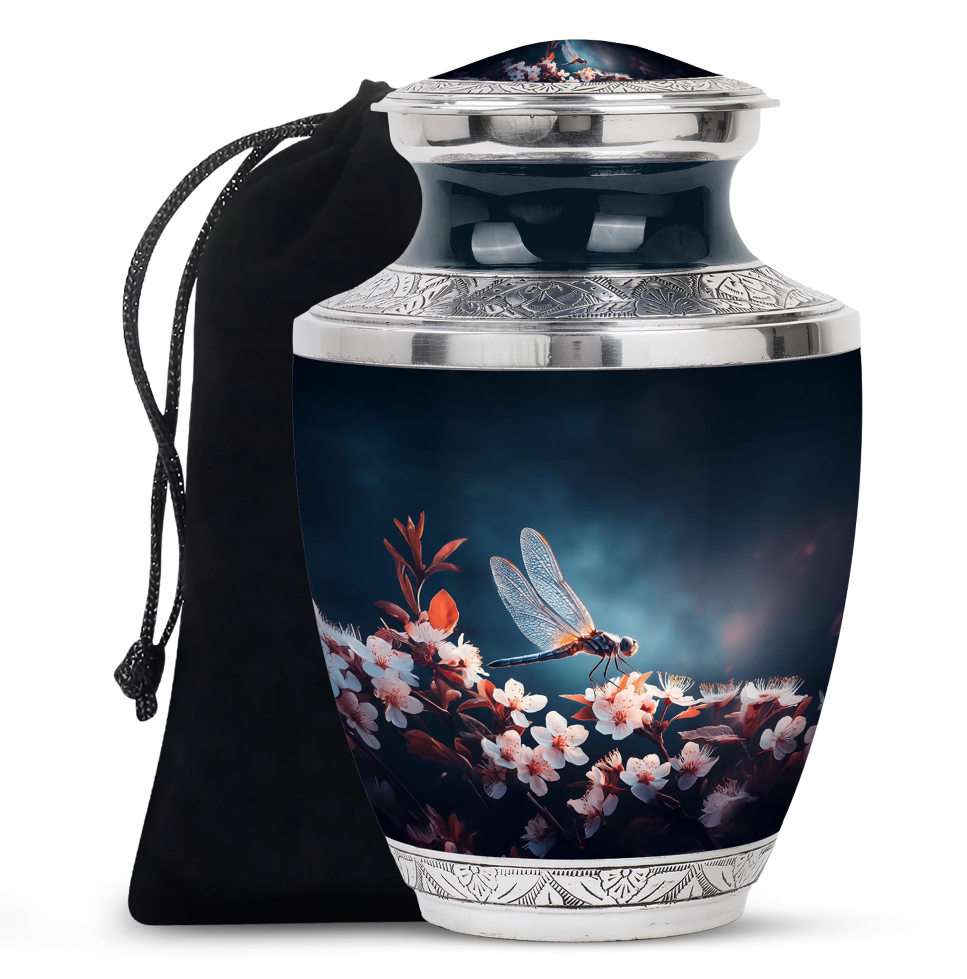 Dusty Blue Dragonfly Cremation Urn side profile showing urn shape - modern art-inspired dragonfly motif on sleek aluminum - full-size 10 inch 200 cubic inch adult cremation urn