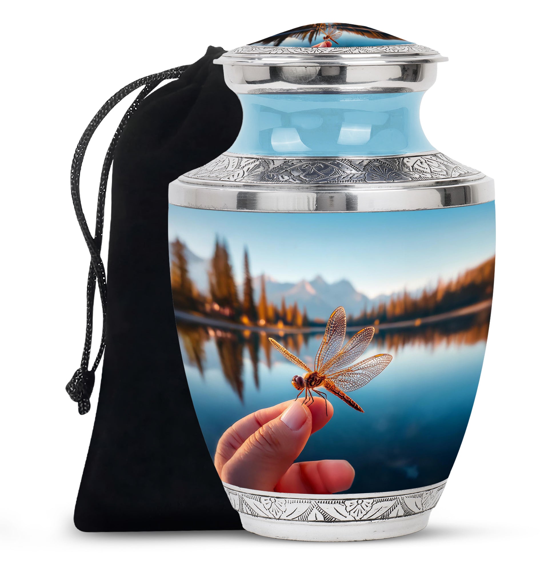 Steel Blue Dragonfly Cremation Urn side profile showing urn shape - stylized abstract dragonfly pattern with bold lines - full-size 10 inch 200 cubic inch adult cremation urn