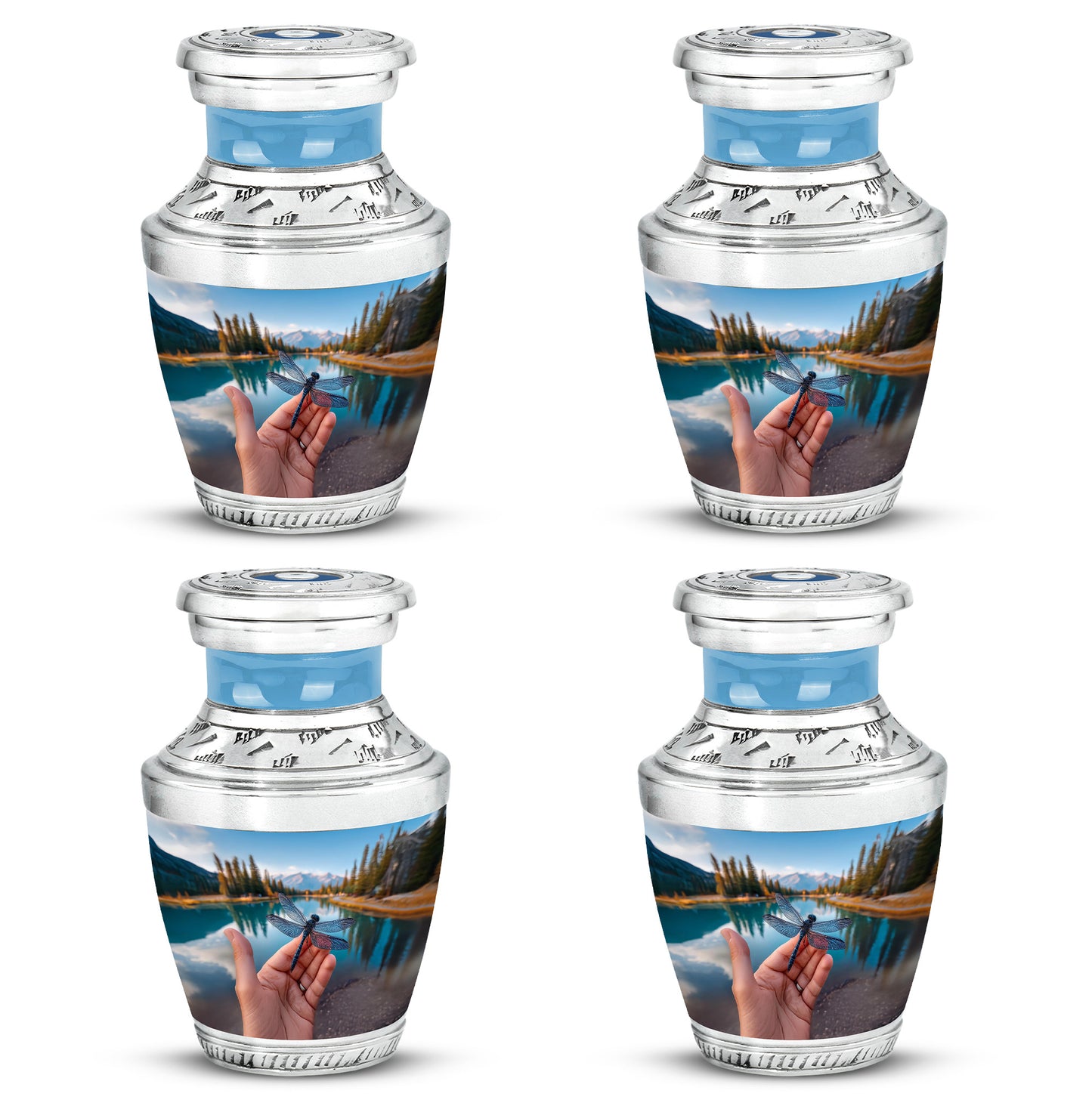 Vivid Blue Dragonfly Cremation Urn back view with polished surface - artistic dragonfly interpretation with creative detail - 10 inch aluminum urn for cremated remains