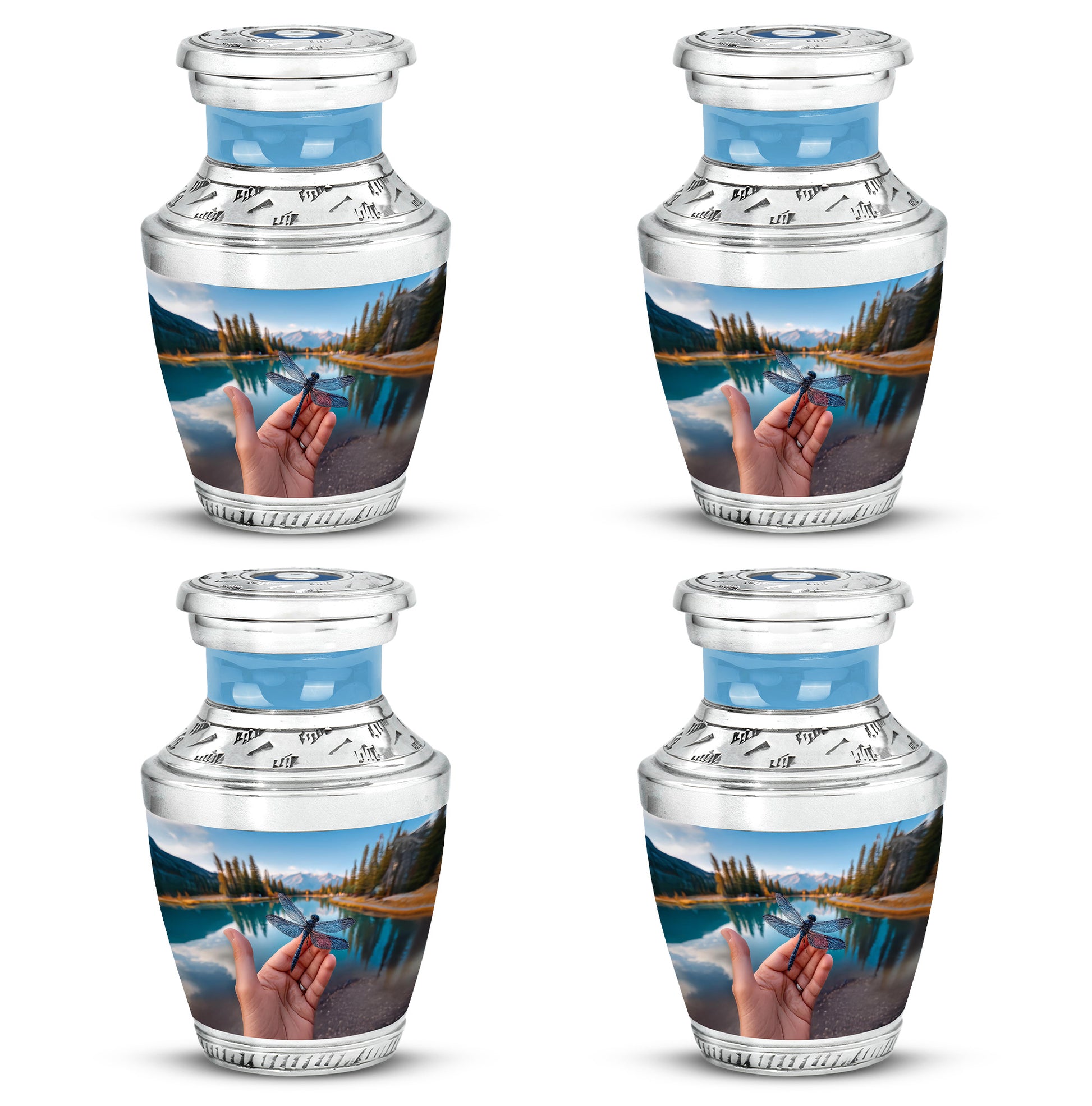 Vivid Blue Dragonfly Cremation Urn back view with polished surface - artistic dragonfly interpretation with creative detail - 10 inch aluminum urn for cremated remains