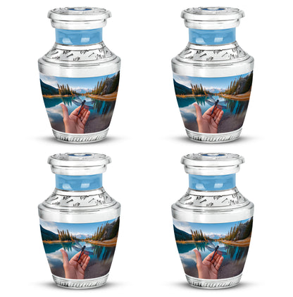 Vivid Blue Dragonfly Cremation Urn back view with polished surface - artistic dragonfly interpretation with creative detail - 10 inch aluminum urn for cremated remains