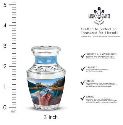 Vivid Blue Dragonfly Cremation Urn top-down view of secure threaded lid - stylized abstract dragonfly pattern with bold lines - mini keepsake memorial for portion of cremation ashes