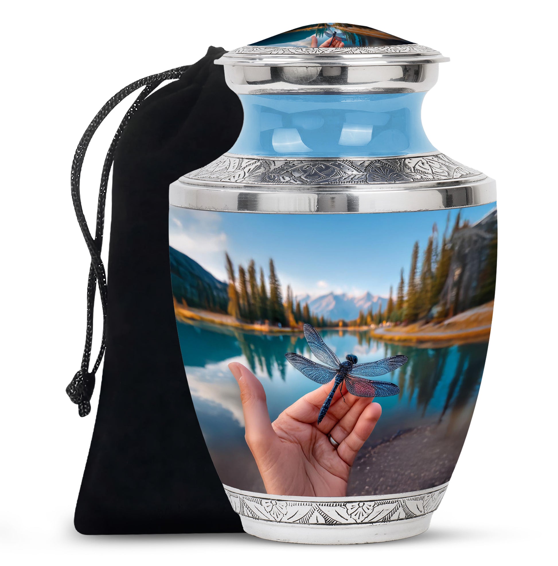 Icy Blue Dragonfly Cremation Urn side profile showing urn shape - modern art-inspired dragonfly motif on sleek aluminum - full-size 10 inch 200 cubic inch adult cremation urn