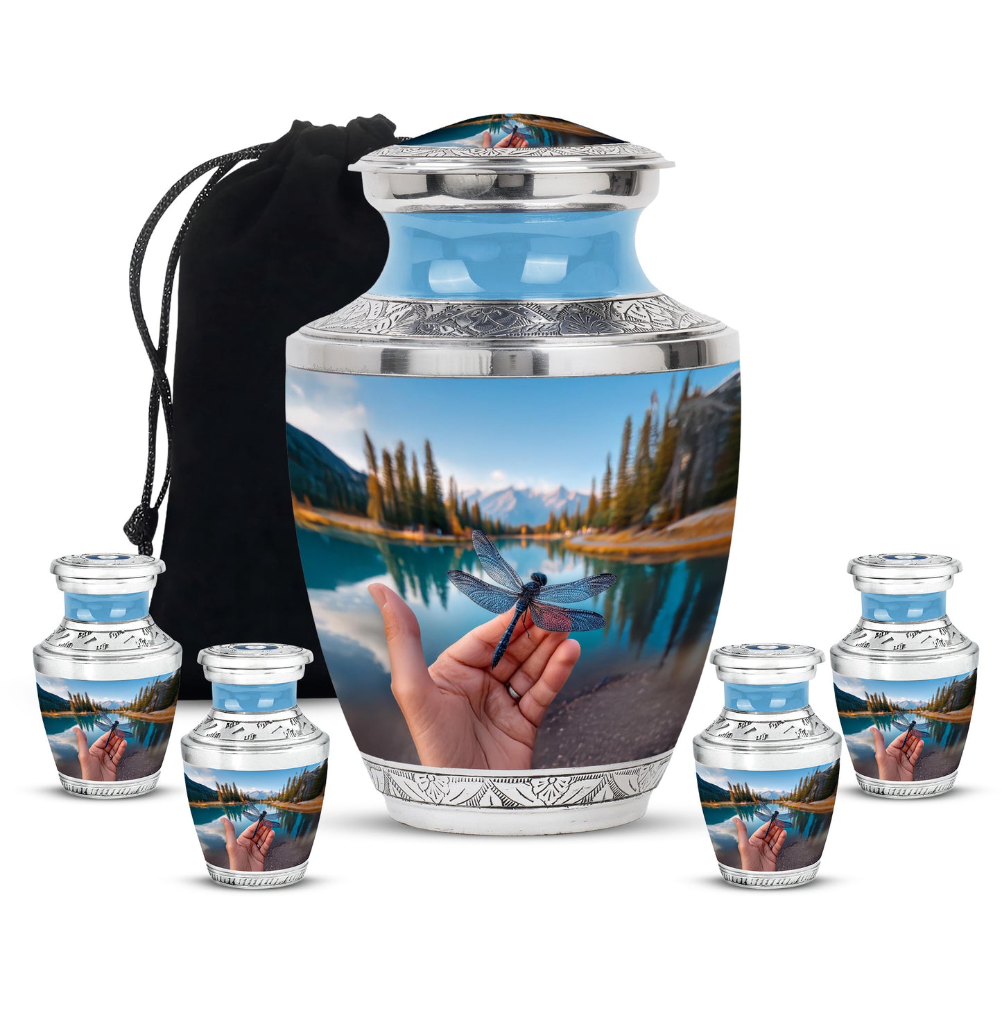 Powder Blue Dragonfly Cremation Urn lifestyle display on memorial shelf - contemporary dragonfly design with modern artistic flair - memorial set with one large and four small urns